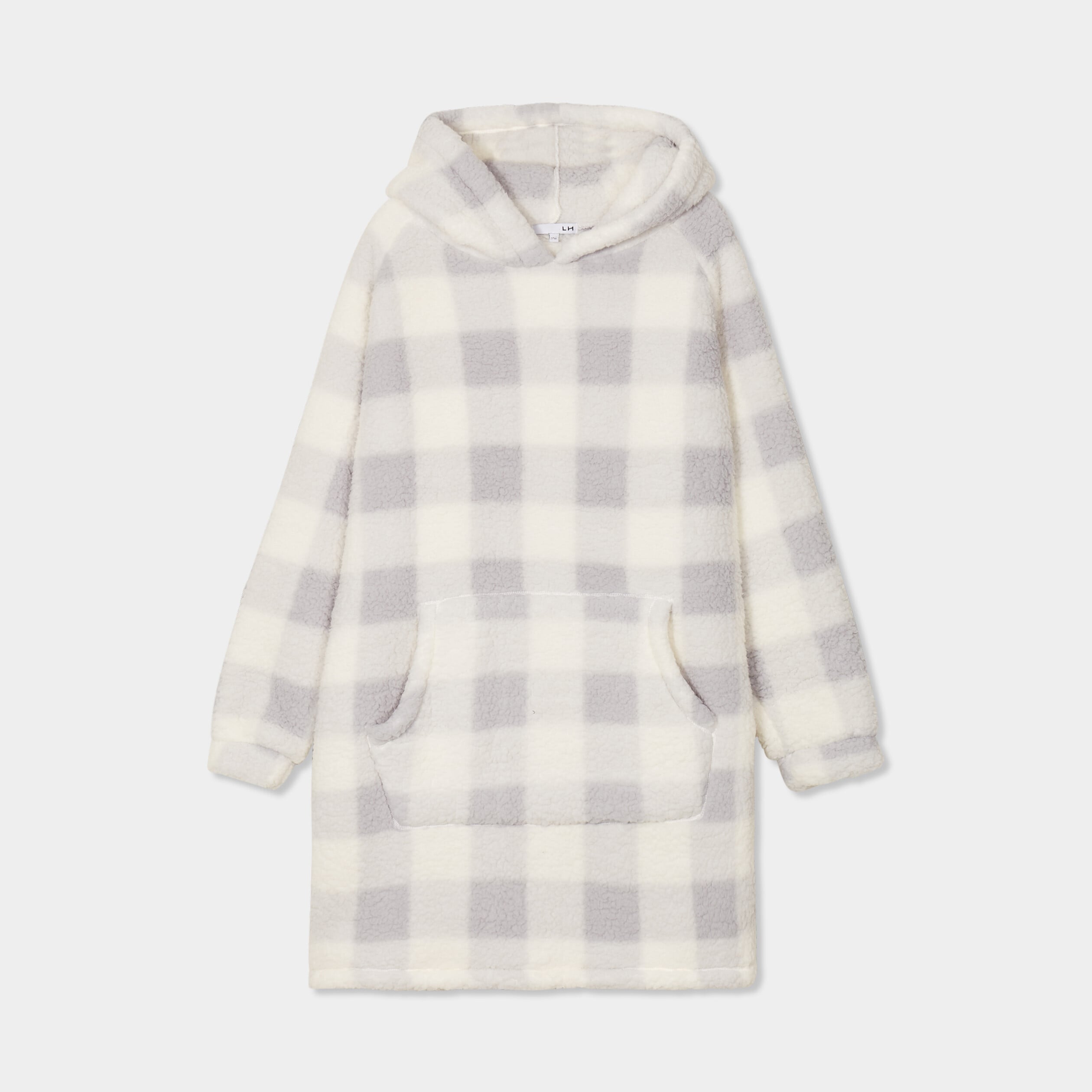 Poncho plaid effet polaire &agrave; capuche ecru femme