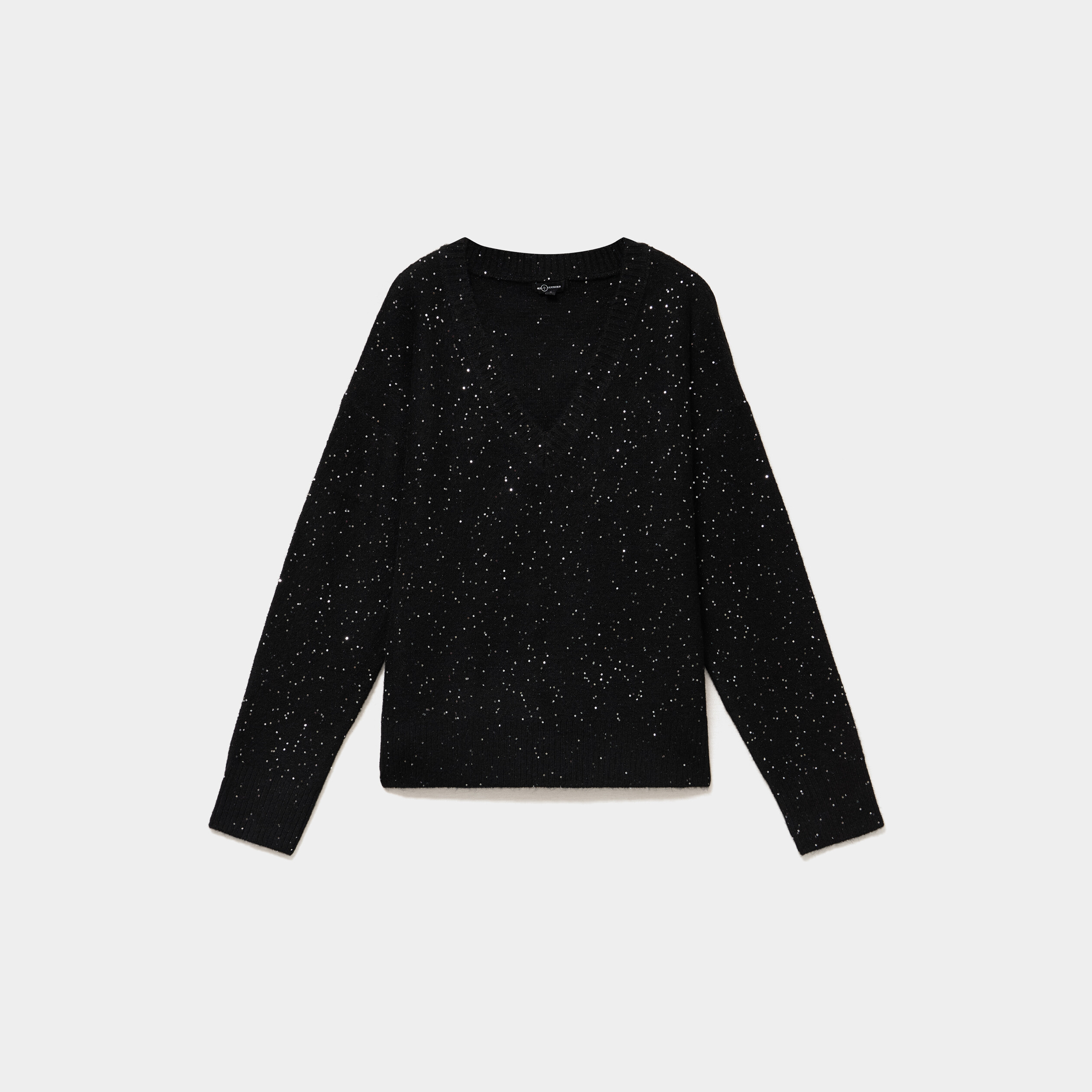 Pull droit &agrave; sequins et col en V noir femme