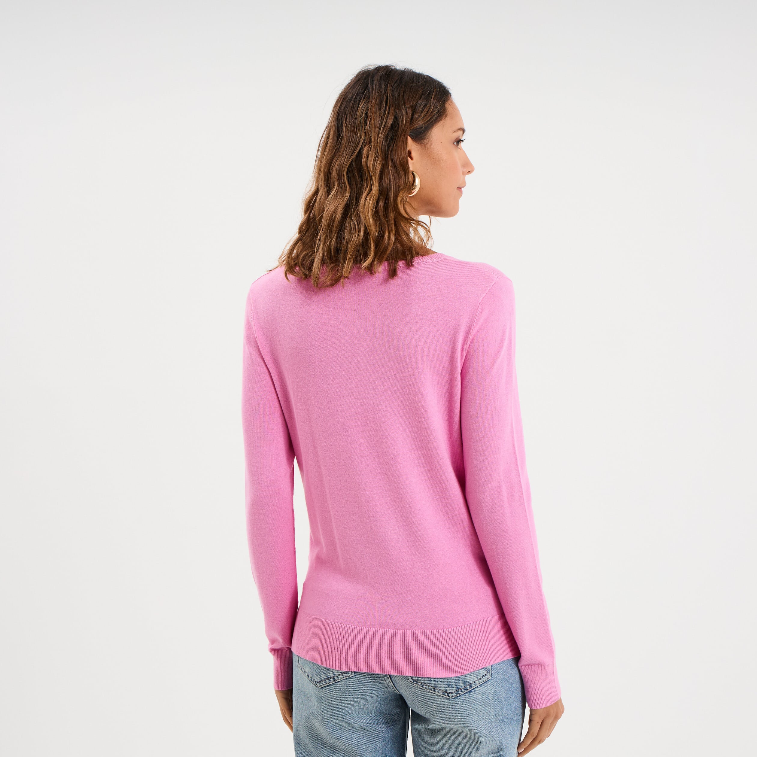 Pull col en V manches longues rose femme