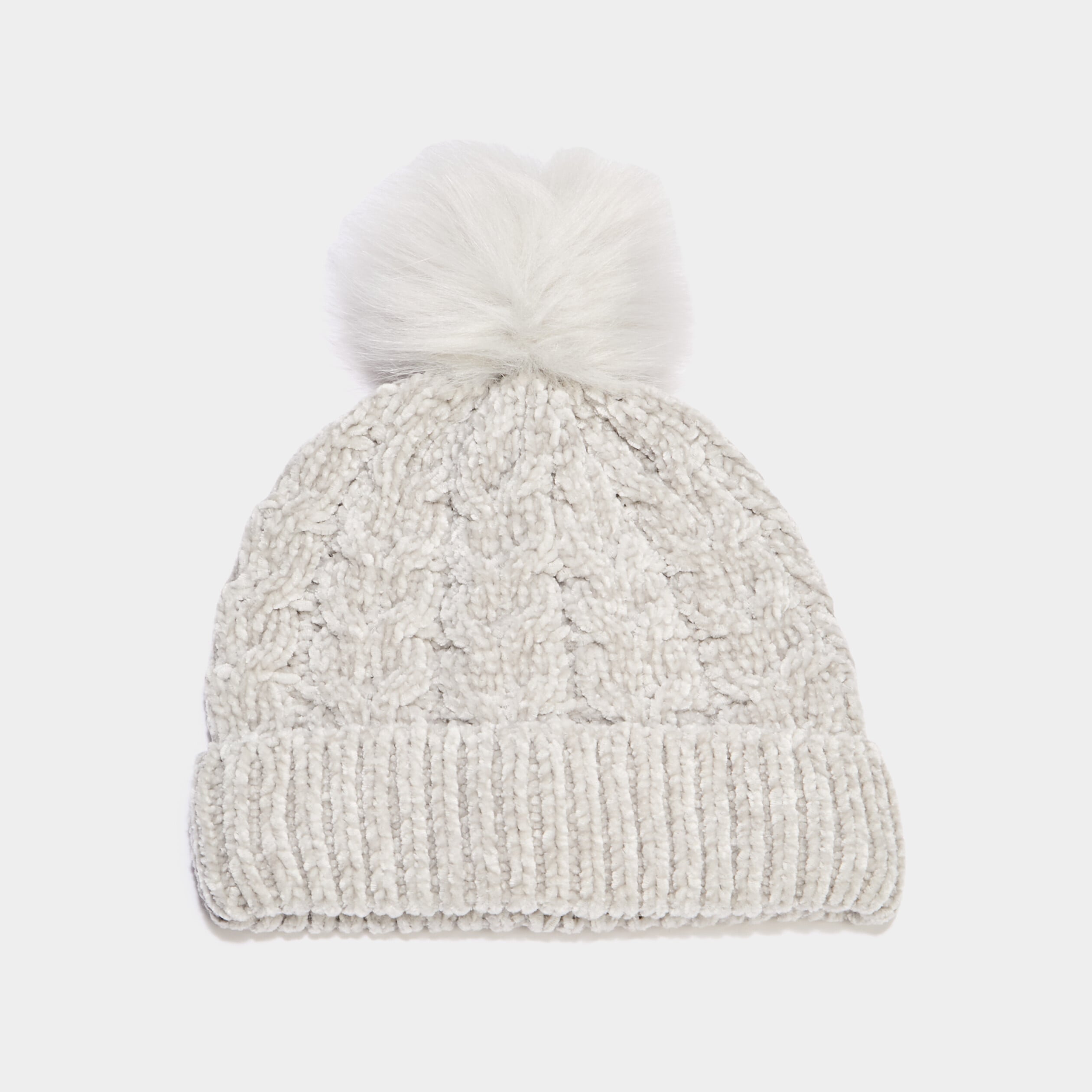 Bonnet &agrave; pompon fausse fourrure gris femme