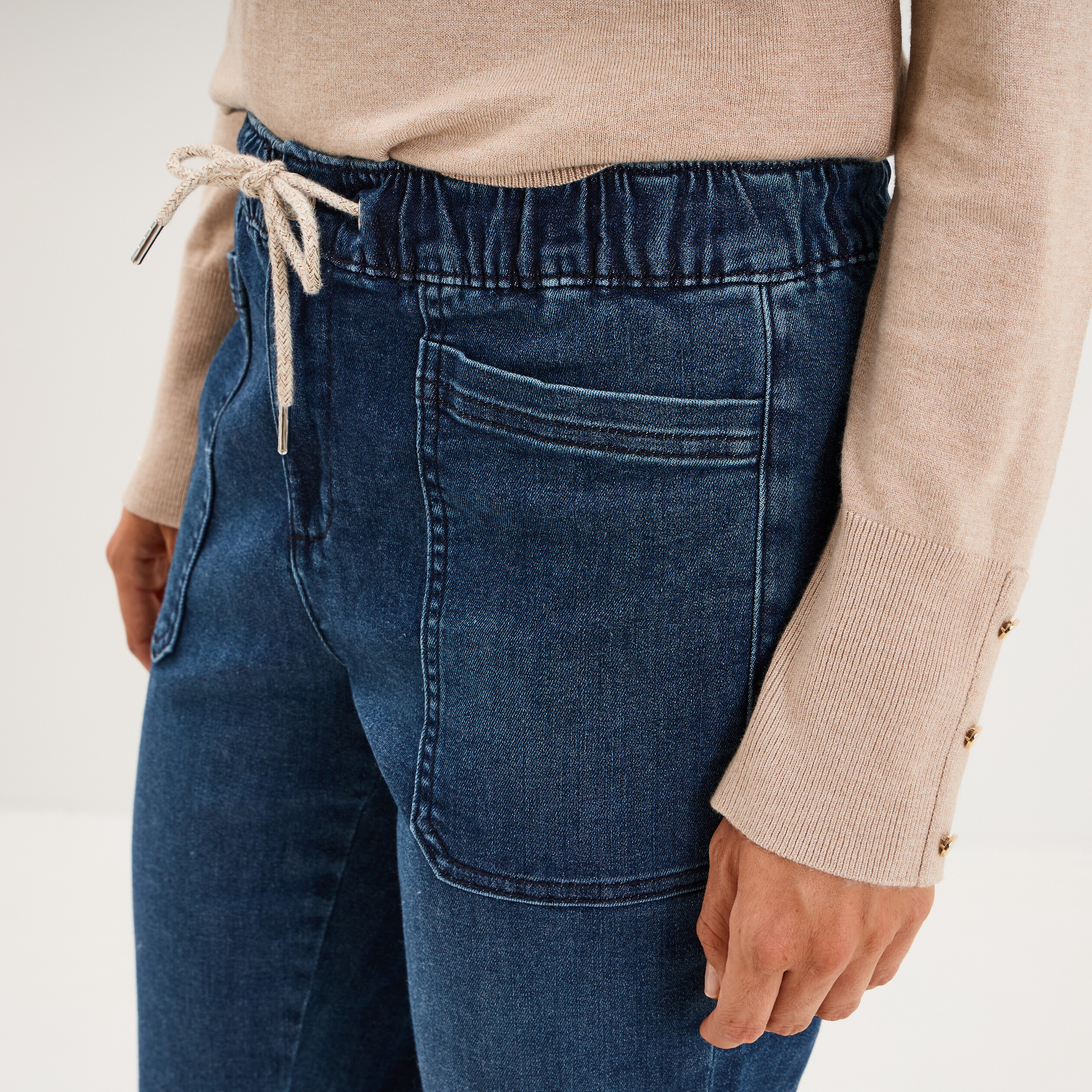 Jeans droit cropped taille &eacute;lastiqu&eacute;e bleu femme