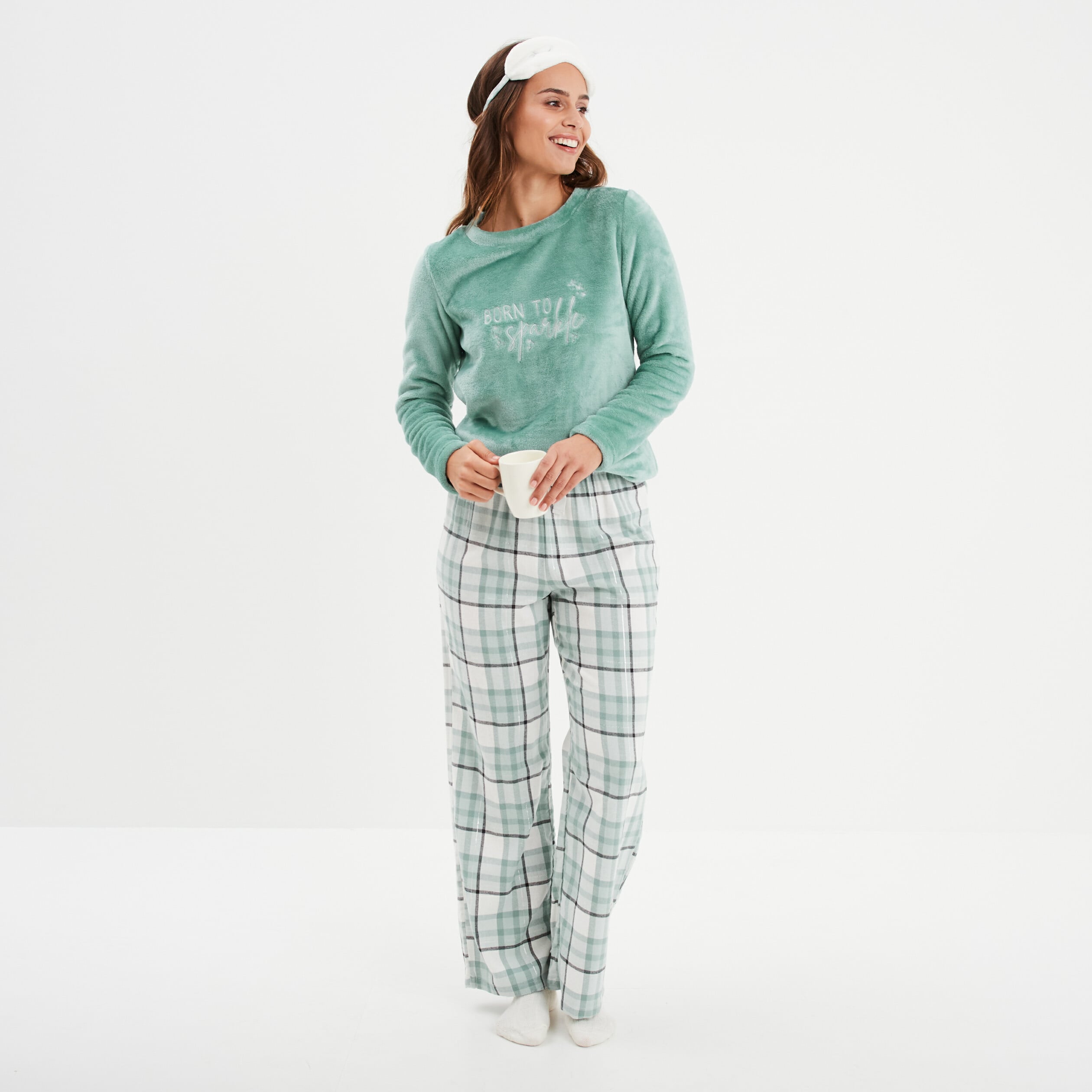 Ensemble pyjama effet polaire 3 pi&egrave;ces vert femme