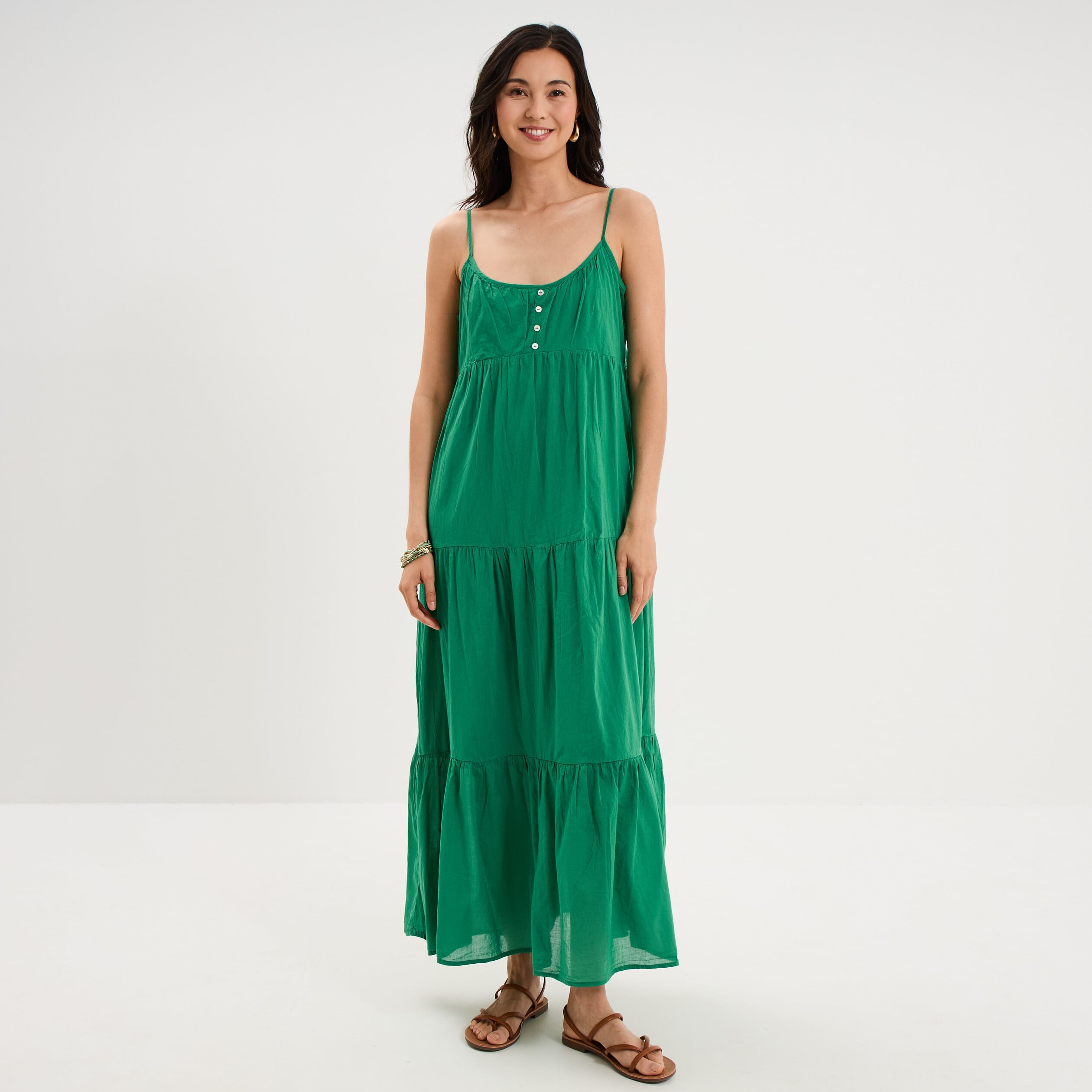 Robe longue &agrave; volants fines bretelles vert canard femme
