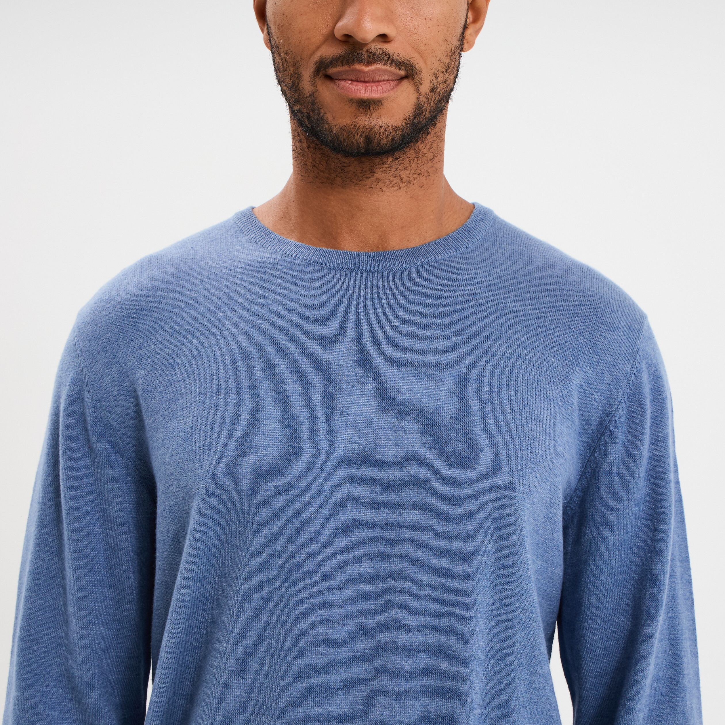 Pull droit col rond coton m&eacute;lang&eacute; bleu fonc&eacute; homme