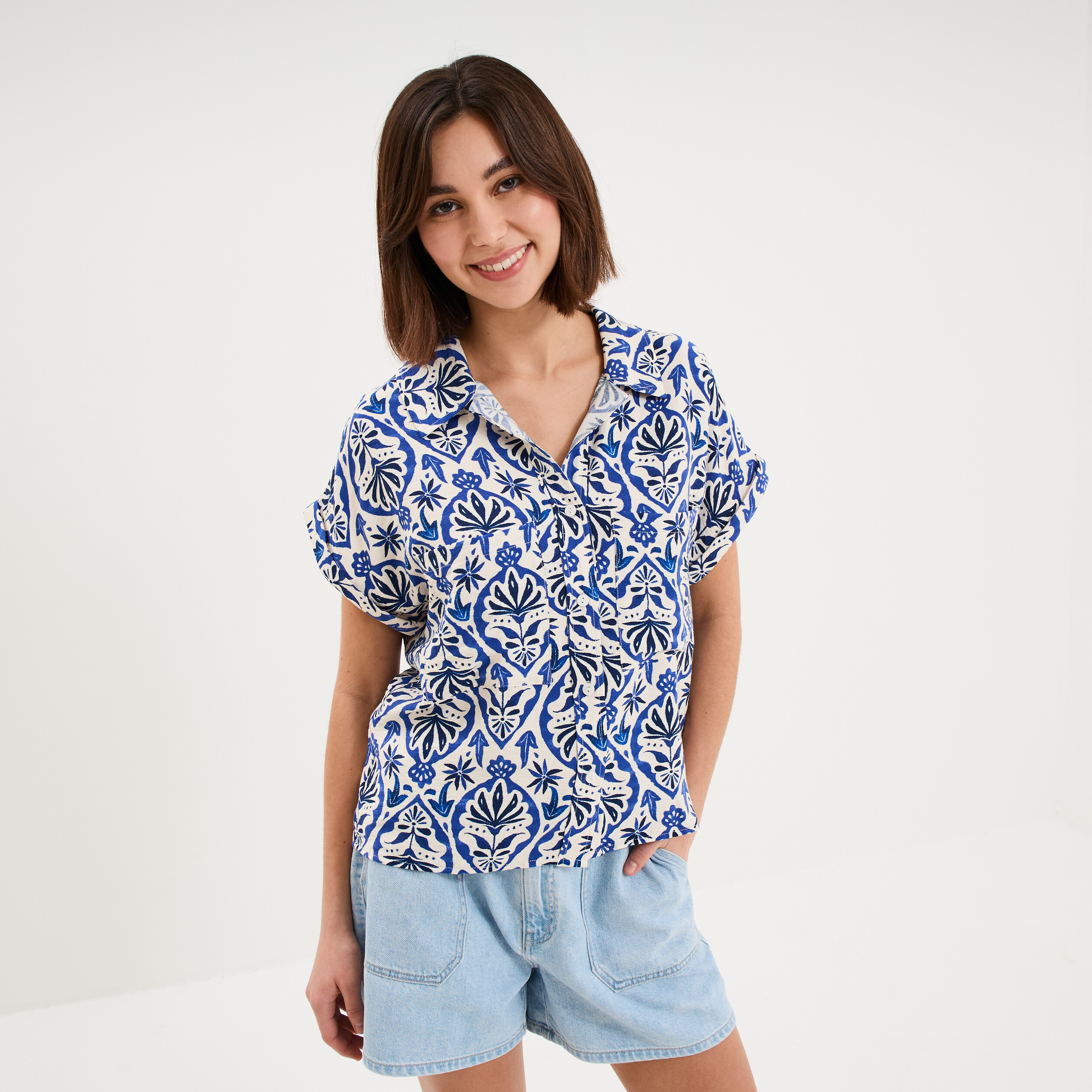 Chemise manches courtes 2 poches ecru femme
