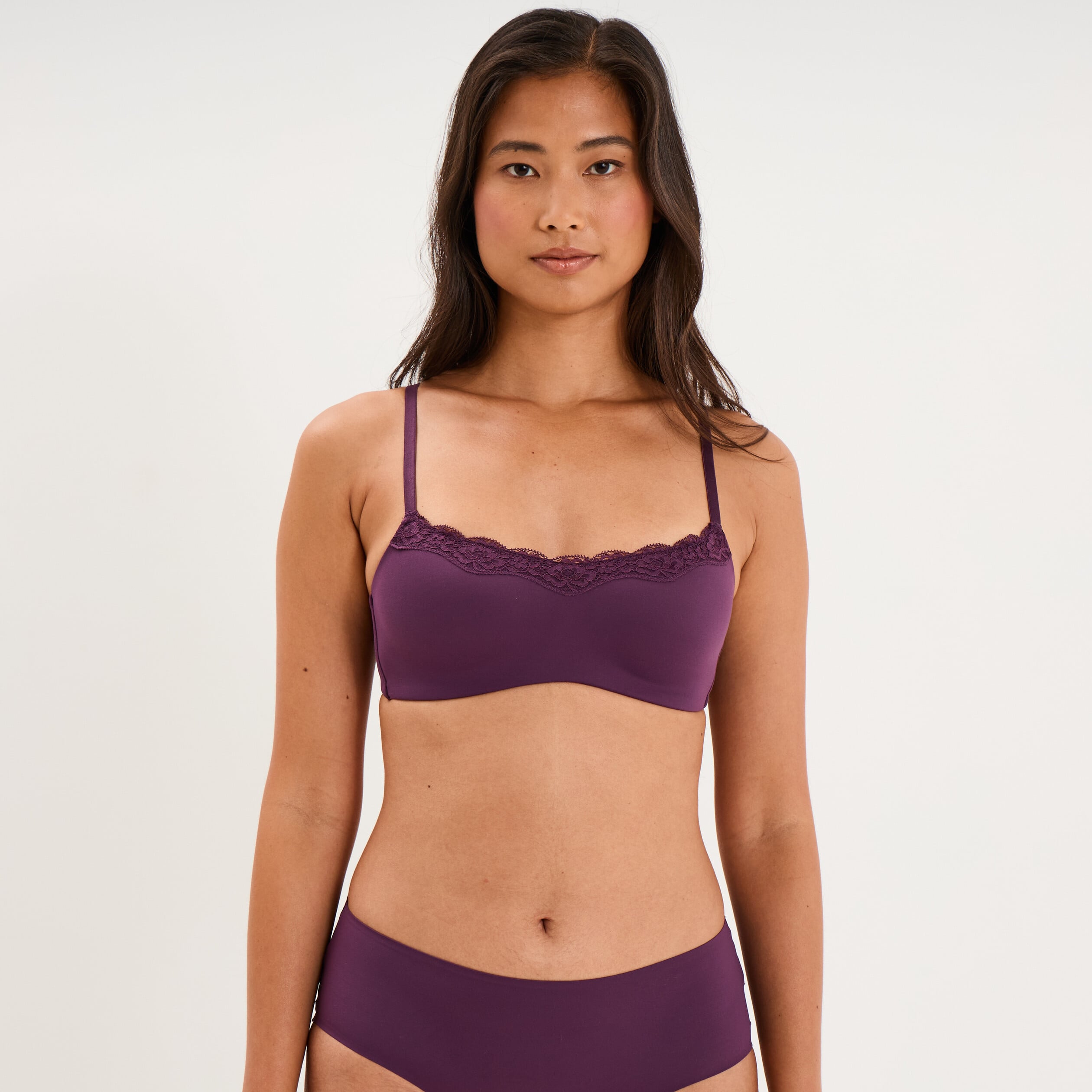Soutien-gorge bandeau bretelles fines prune femme