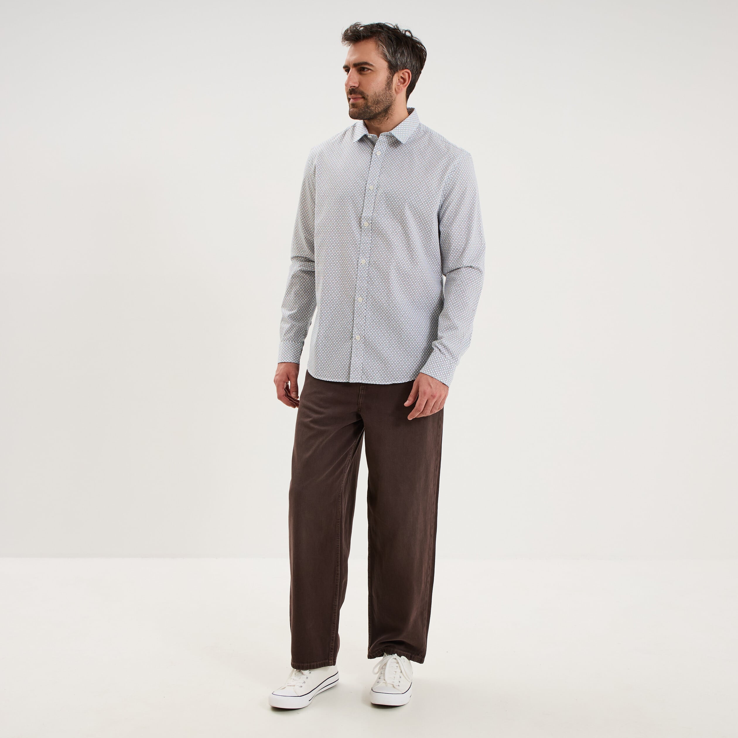 Chemise droite imprim&eacute;e manches longues beige homme