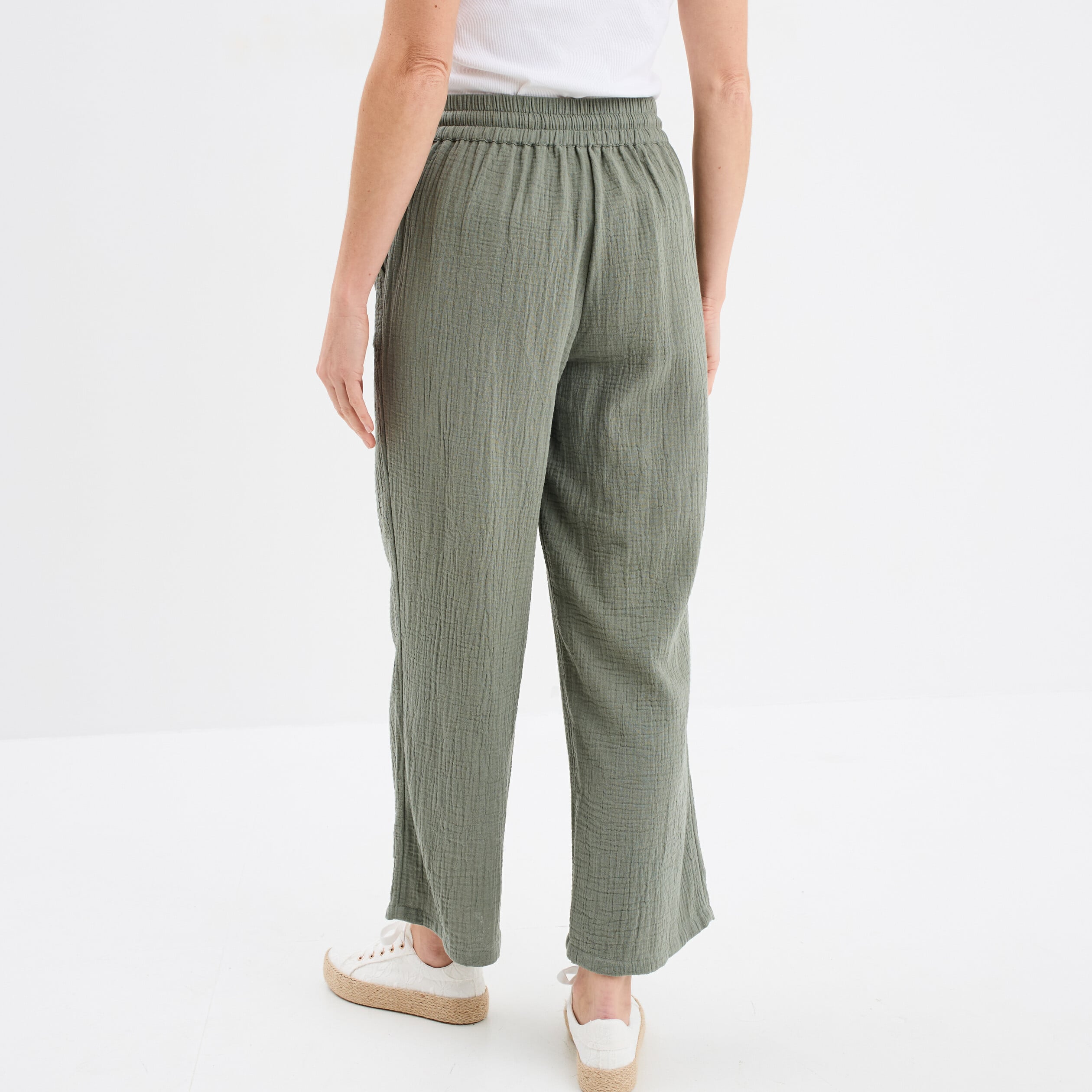 Pantalon fluide &eacute;lastiqu&eacute; gaze de coton vert kaki femme