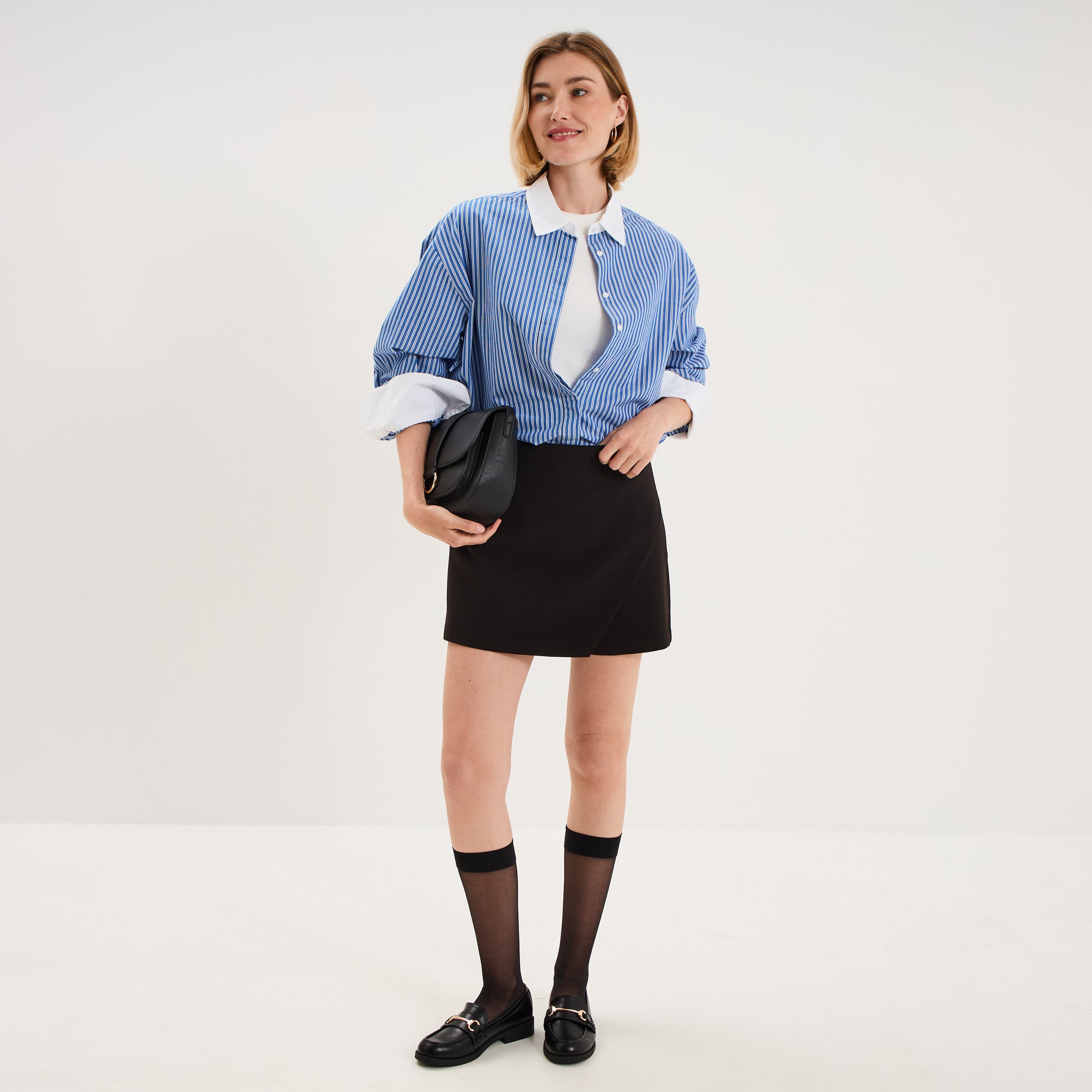 Chemise oversize col contrast&eacute; bleu femme