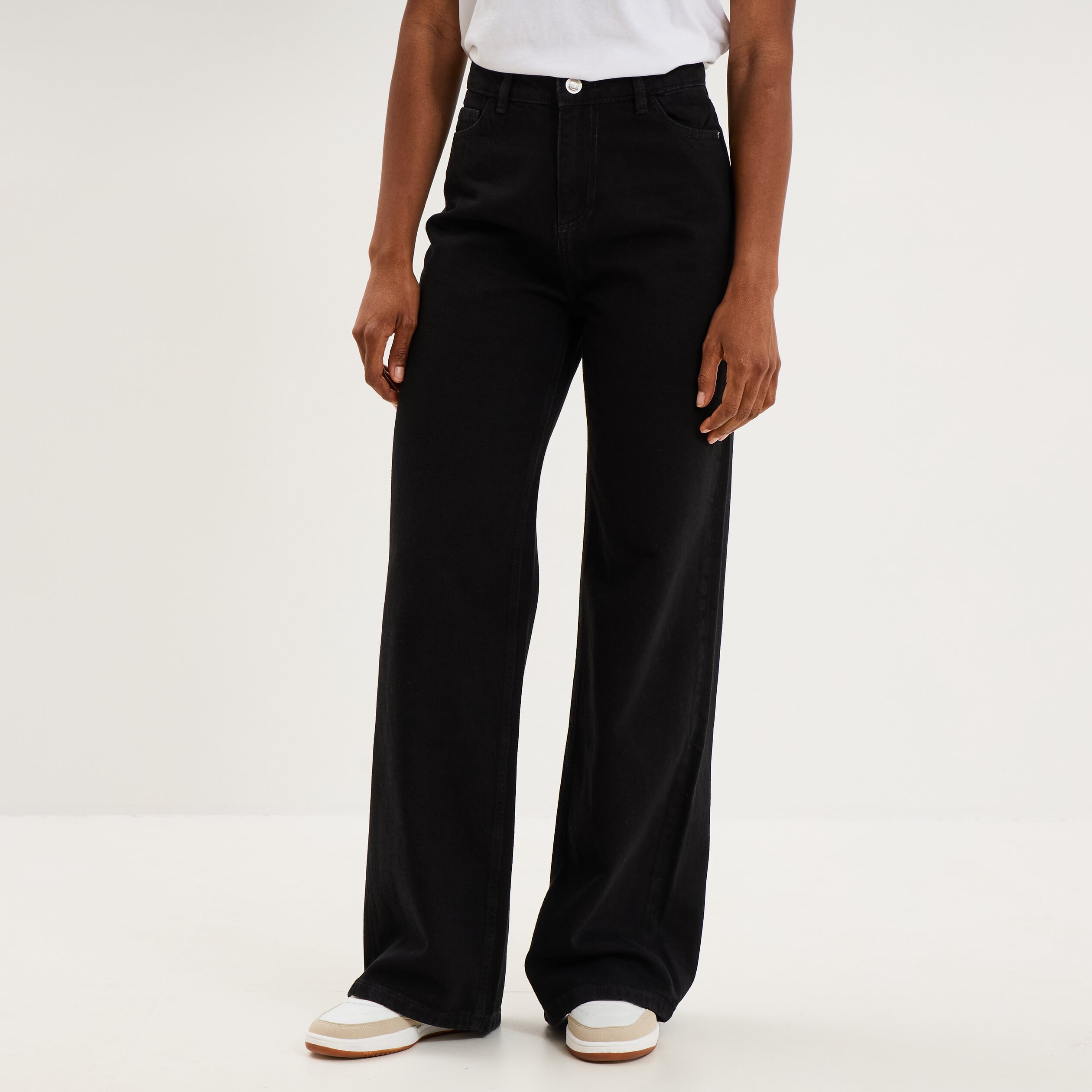 Jean large taille haute coton denim noir femme