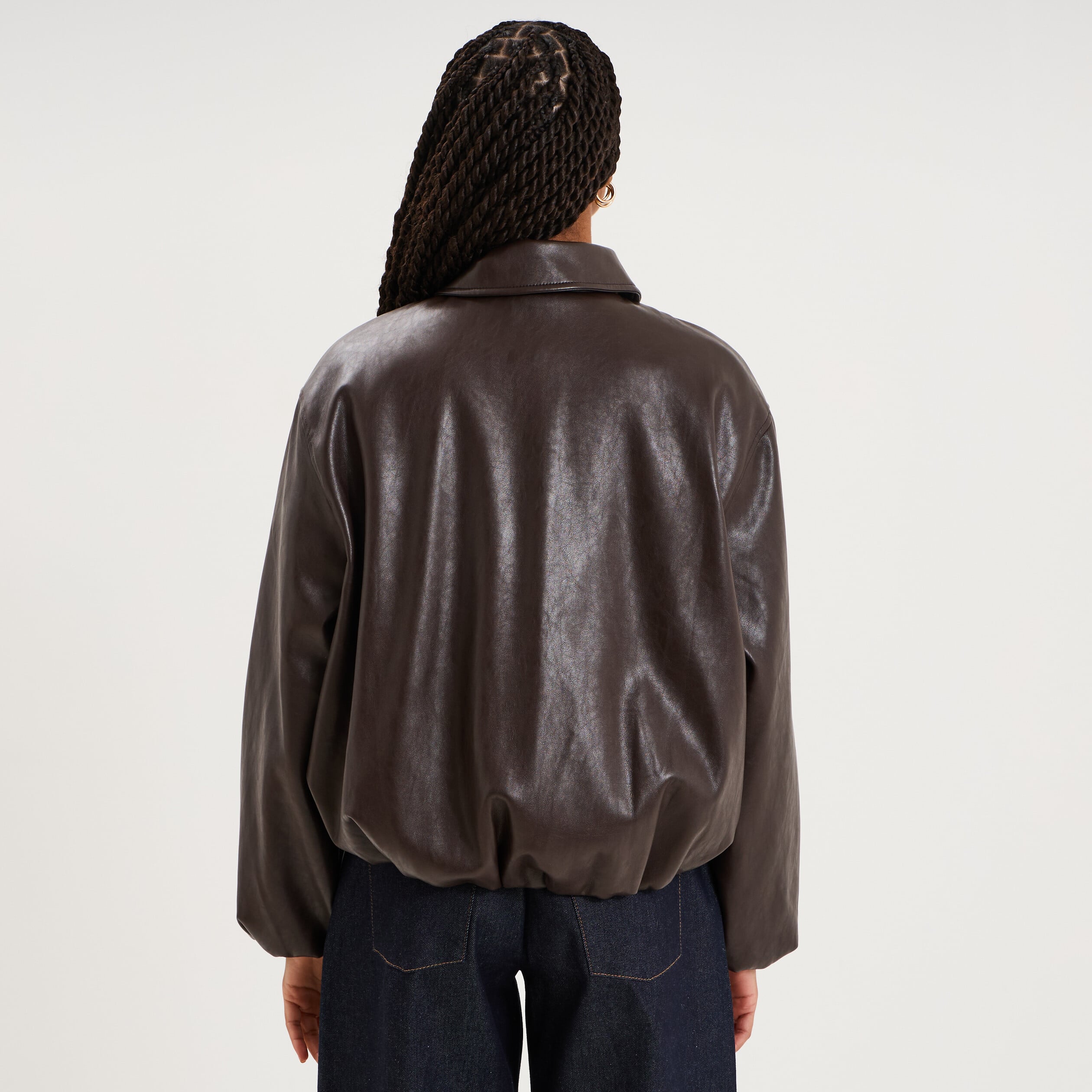 blouson court oversize similicuir zipp&eacute; marron fonc&eacute; femme