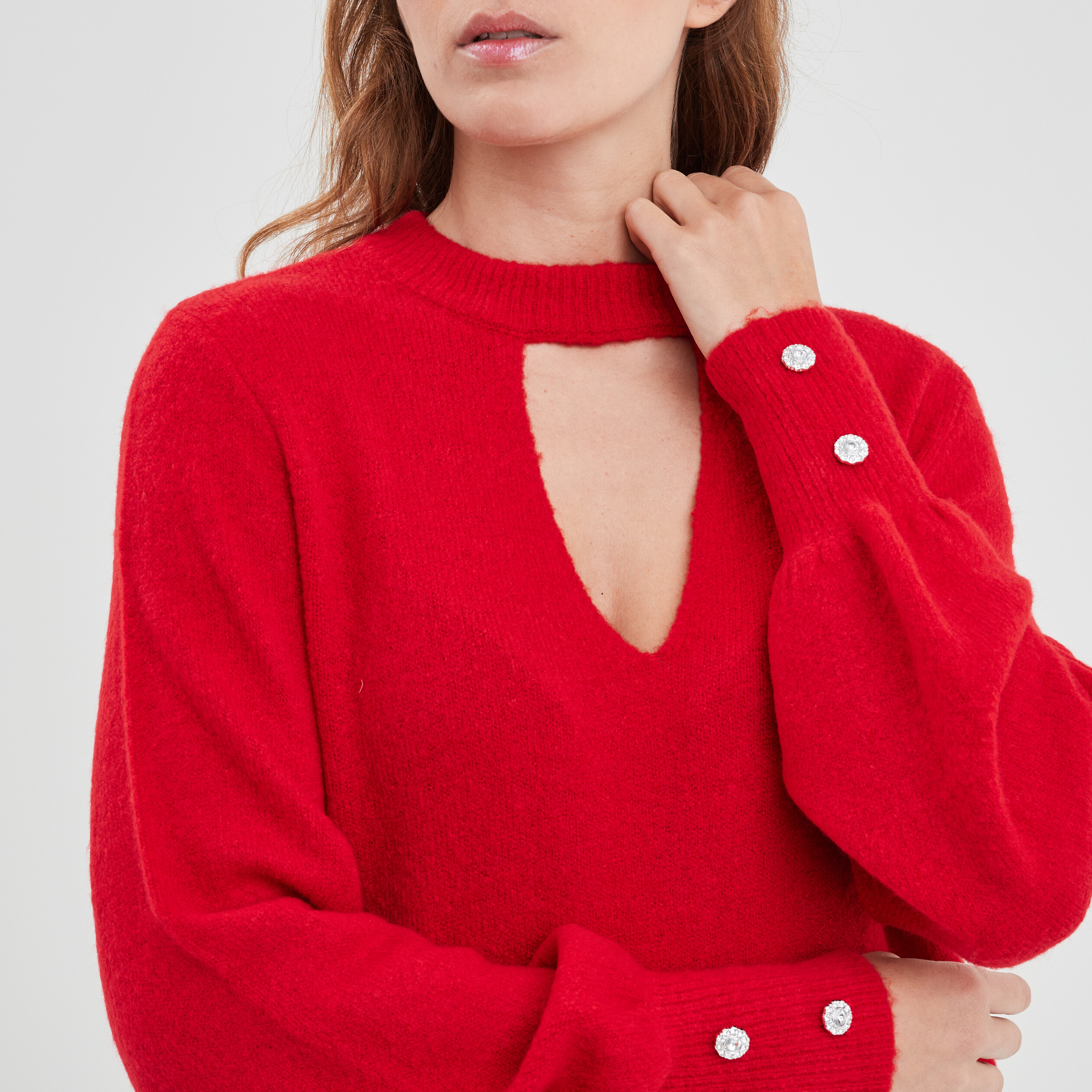 Pull col montant avec ouverture rouge fluo femme