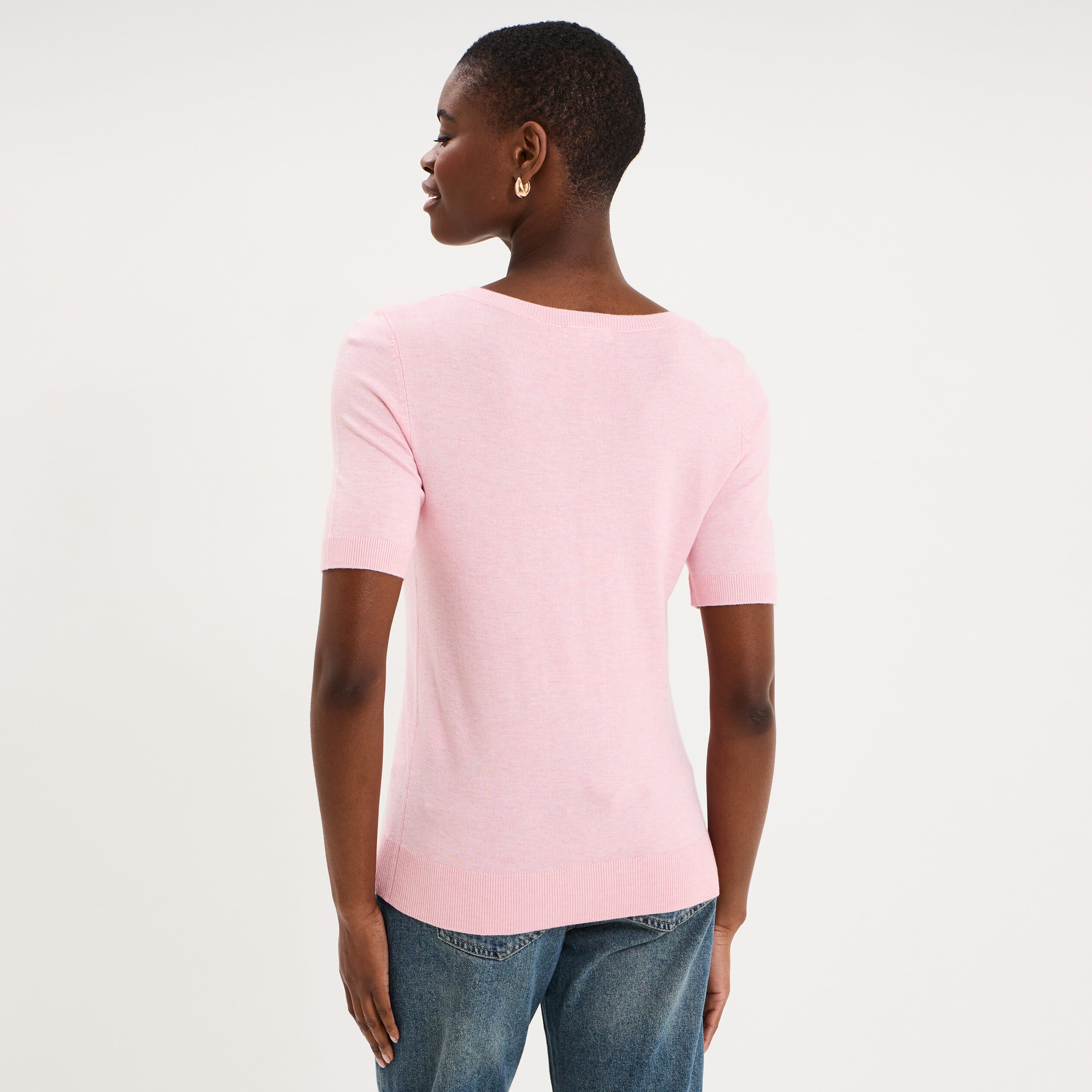 Pull manches courtes col rond rose clair femme