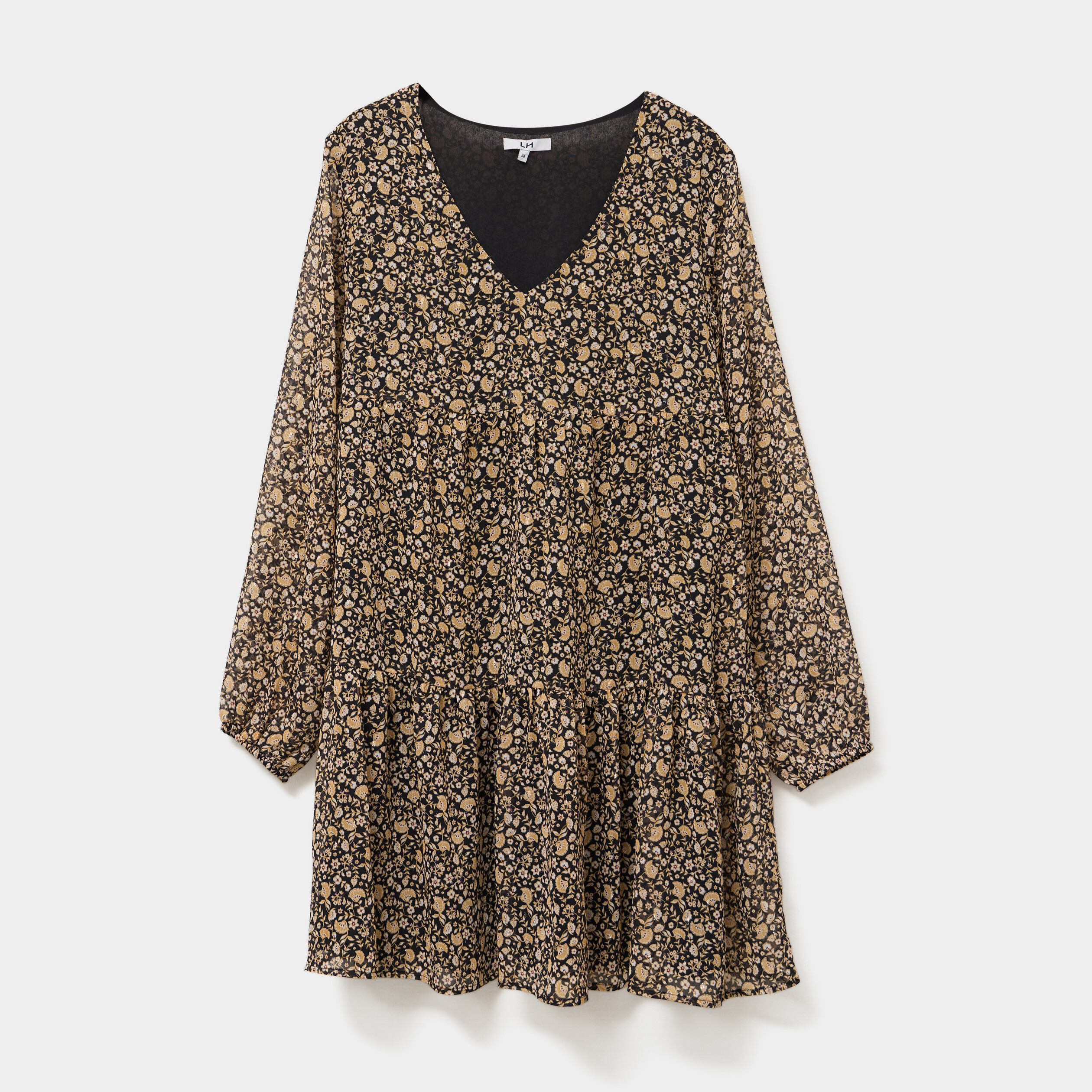 Robe évasée col en V et volants noir femme