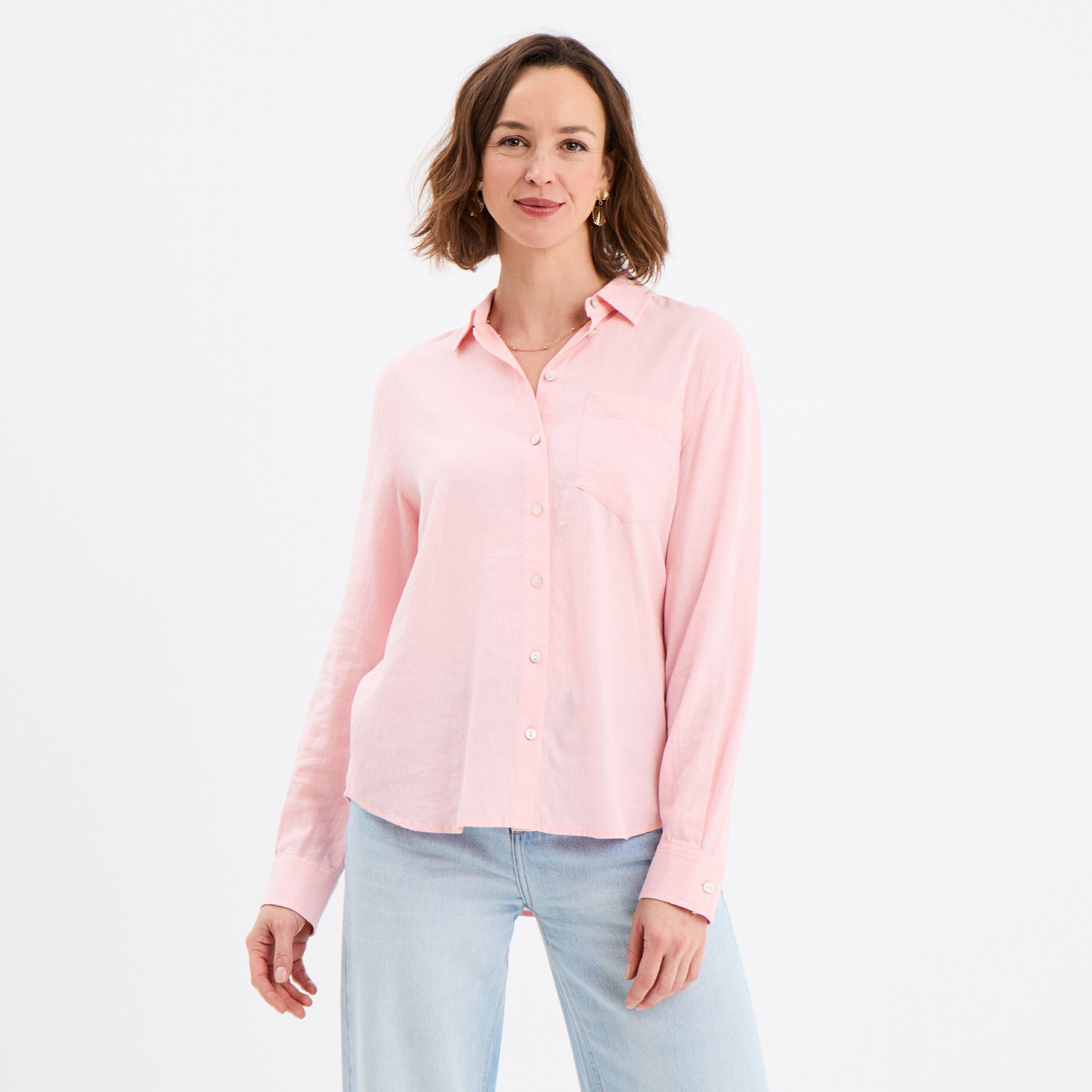 chemise lin melange manches longues rose clair femme Chemise lin mélangé manches longues rose clair femme
