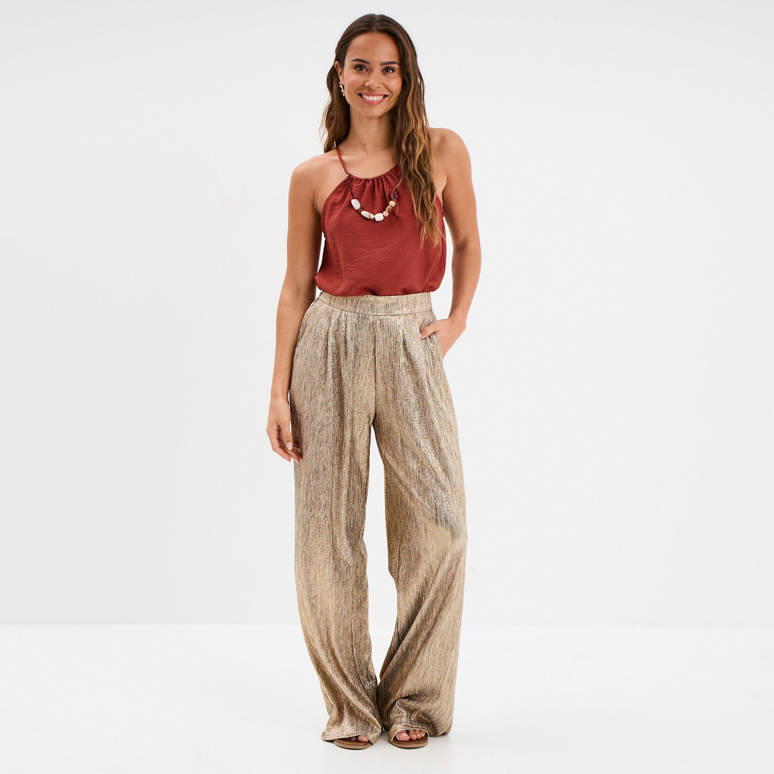 pantalon fluide large jaune or femme Pantalon fluide large jaune or femme