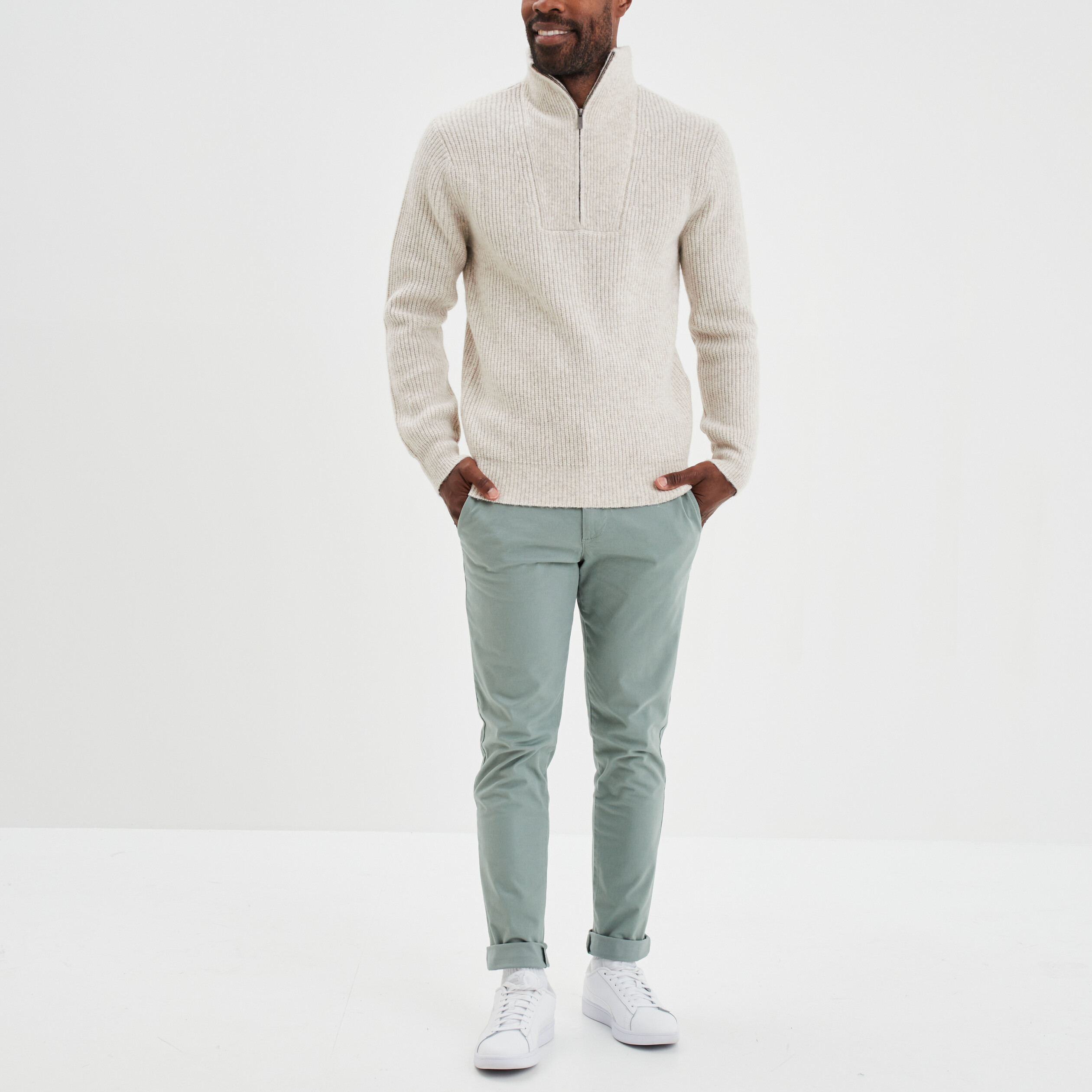 Pull avec col camionneur côtelé beige homme