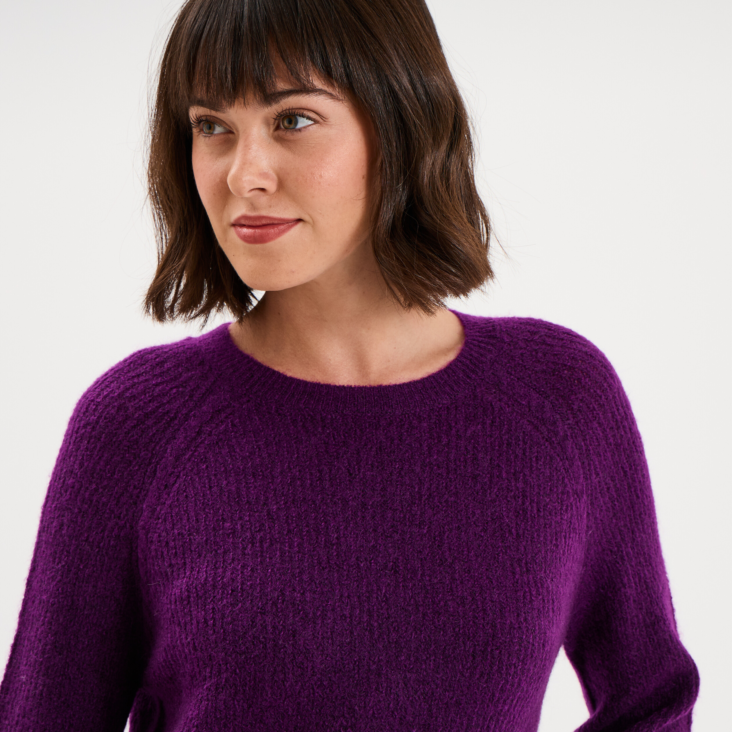 Pull col rond manches longues violet fonc&eacute; femme