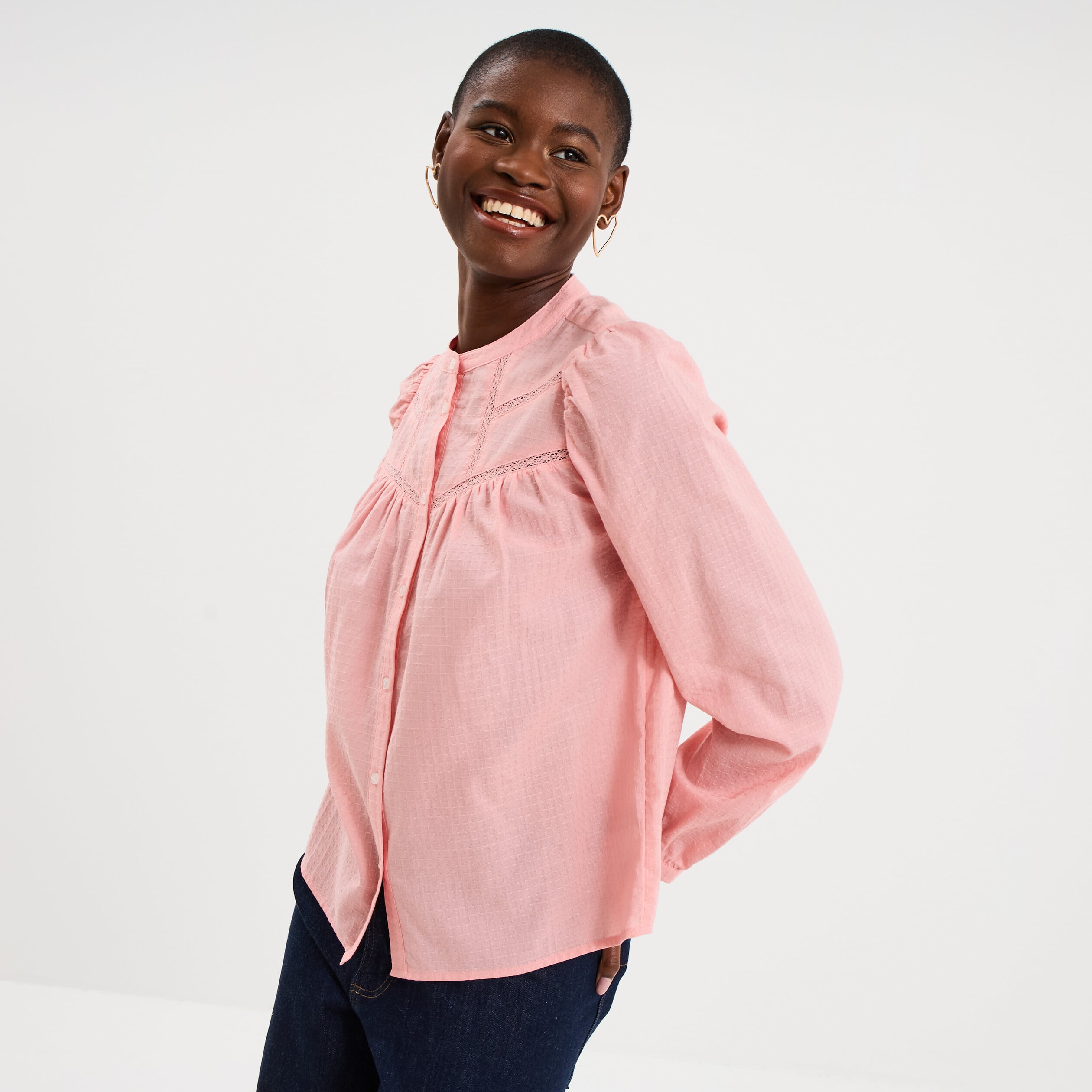 Blouse droite manches longues coton rose femme