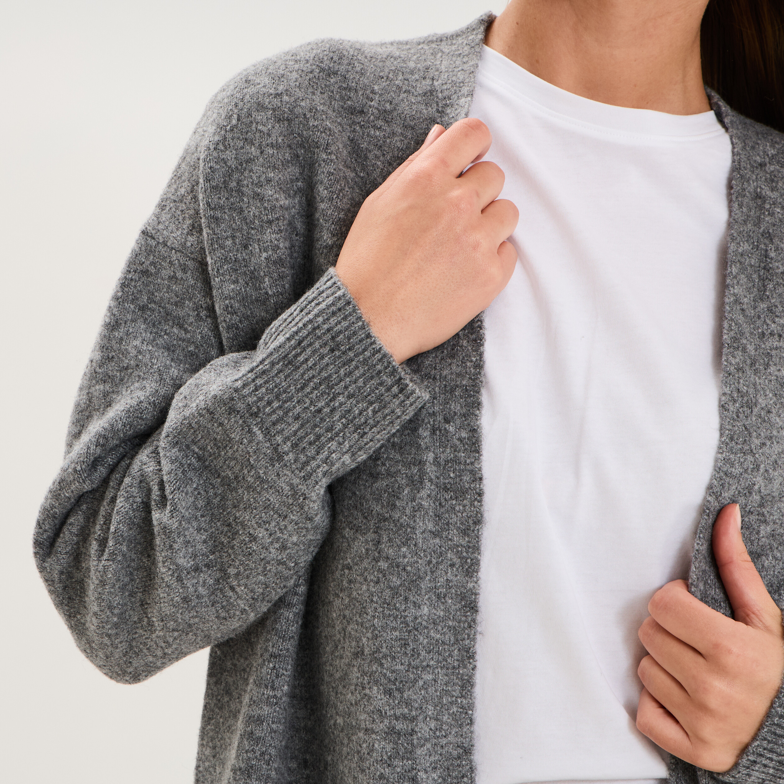 Gilet long ample manches longues gris femme