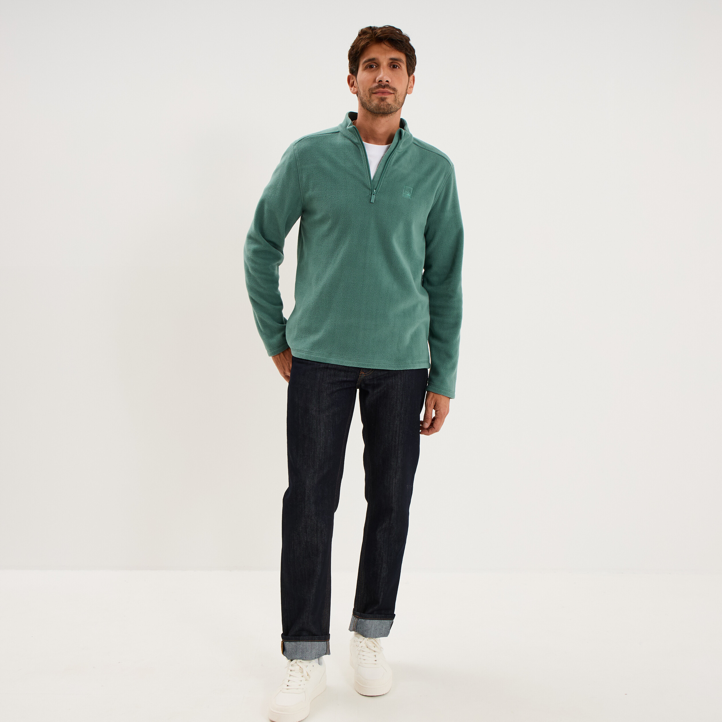 Sweat polaire col camionneur vert fonc&eacute; homme