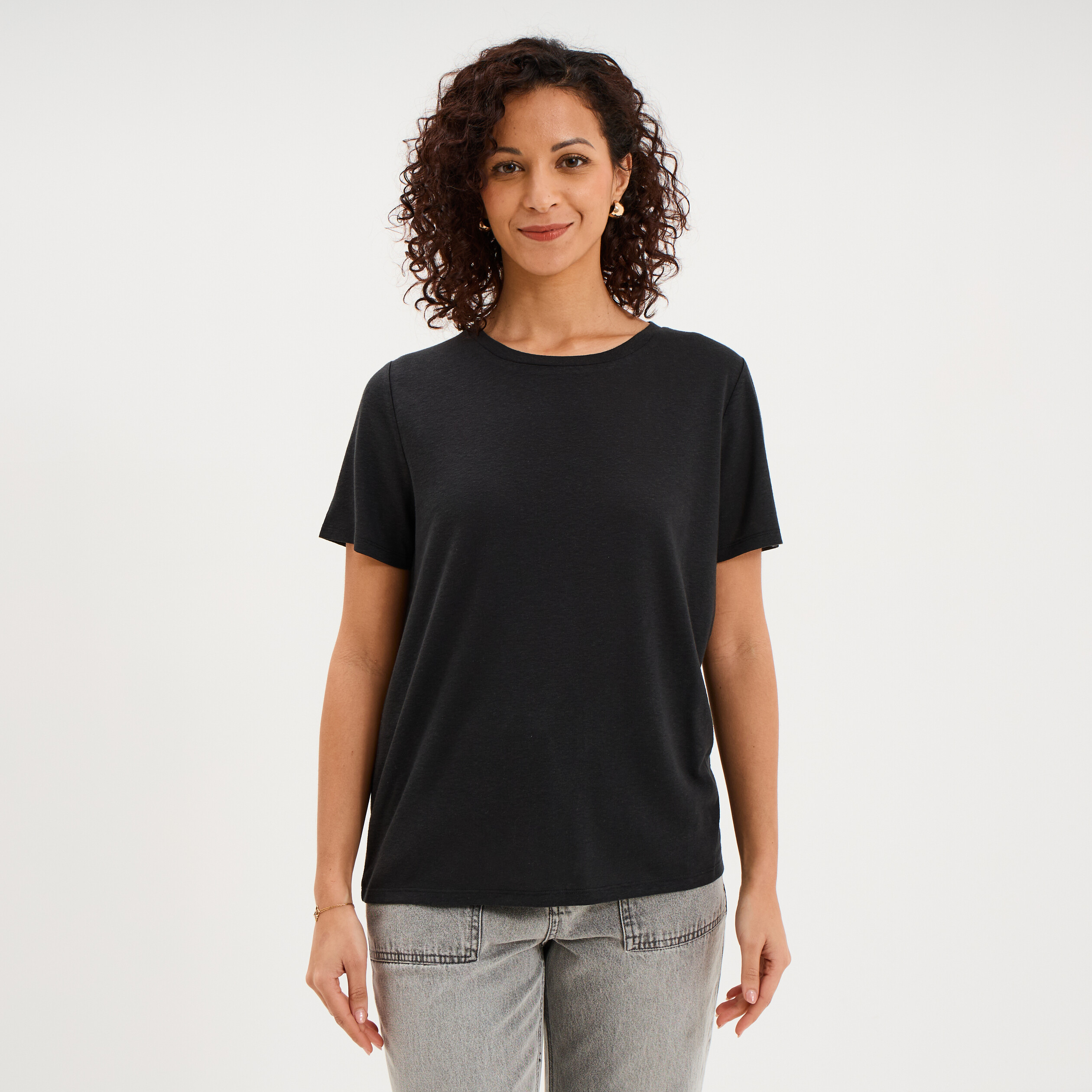 T-shirt manches courtes m&eacute;lange lin noir femme