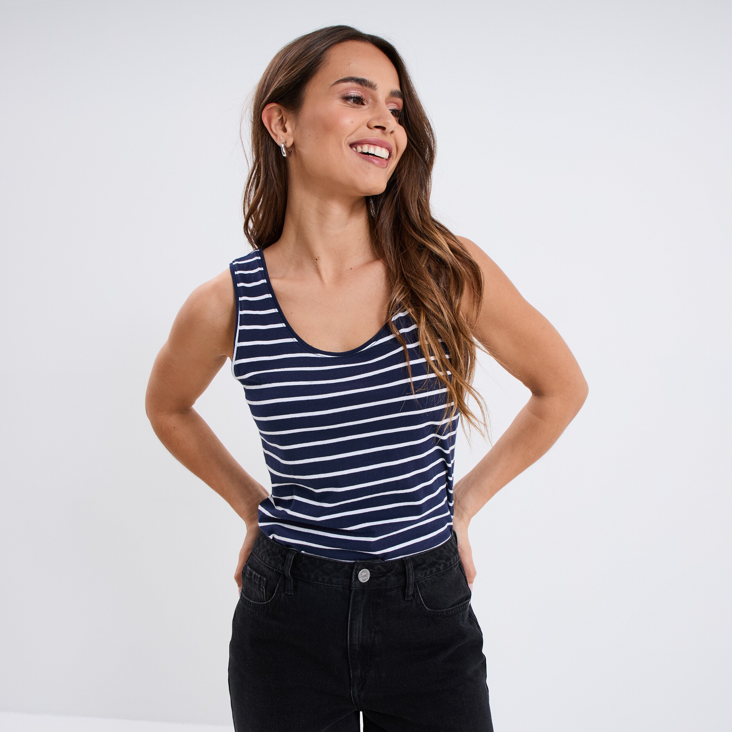 Débardeur à rayures bretelles larges bleu marine femme