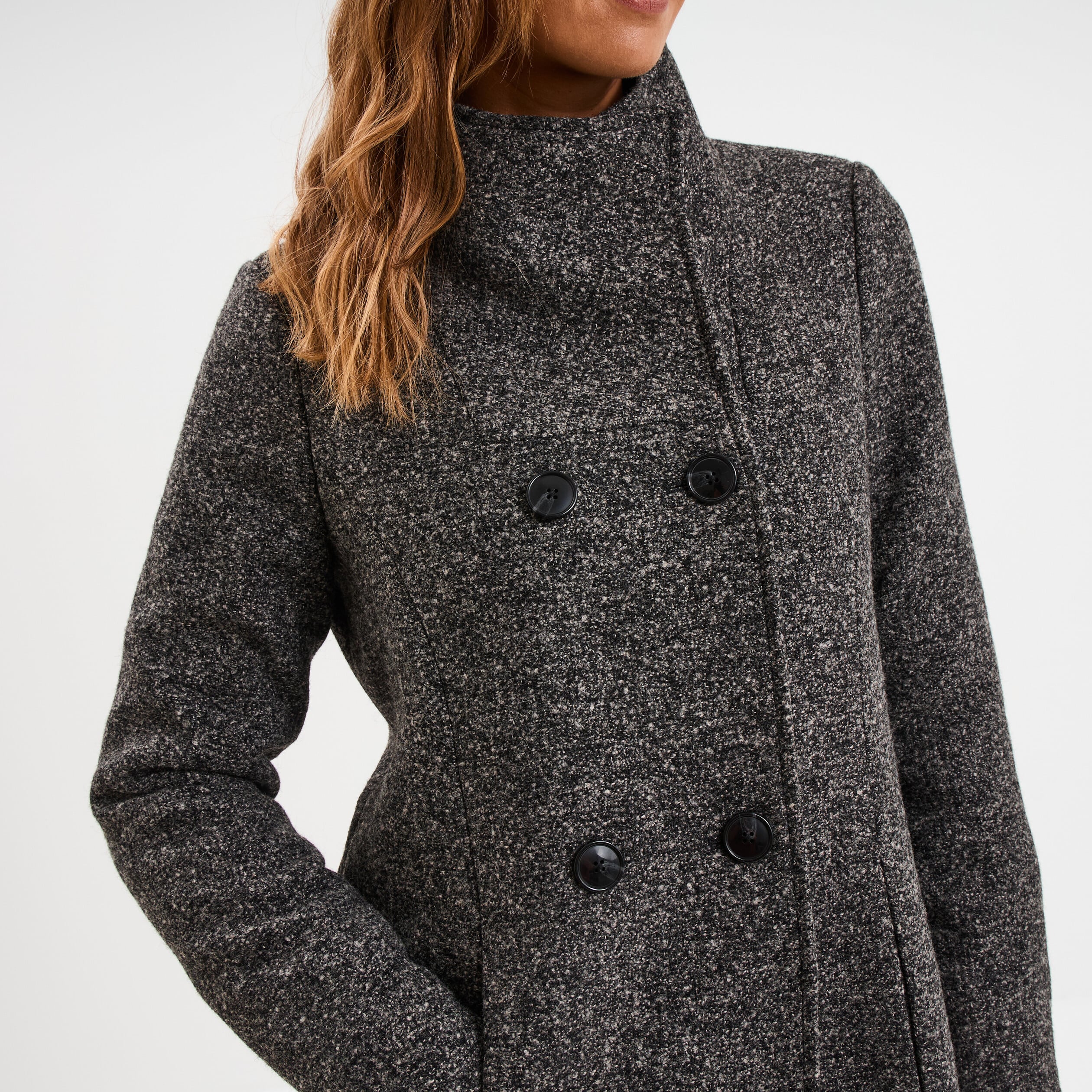 Manteau droit mi-long col montant doubl&eacute; gris fonc&eacute; femme