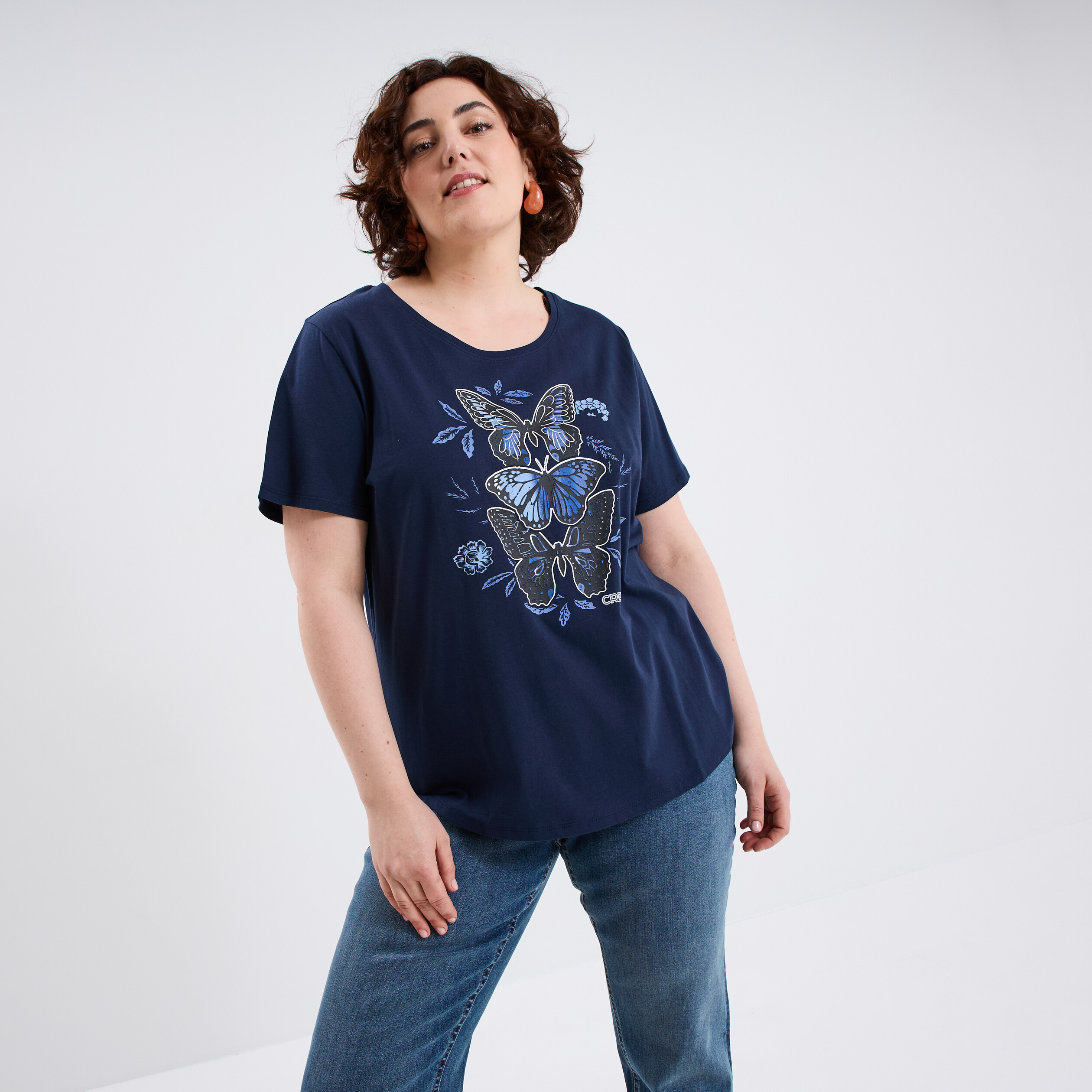 T-shirt manches courtes col rond coton bleu marine femme grande taille