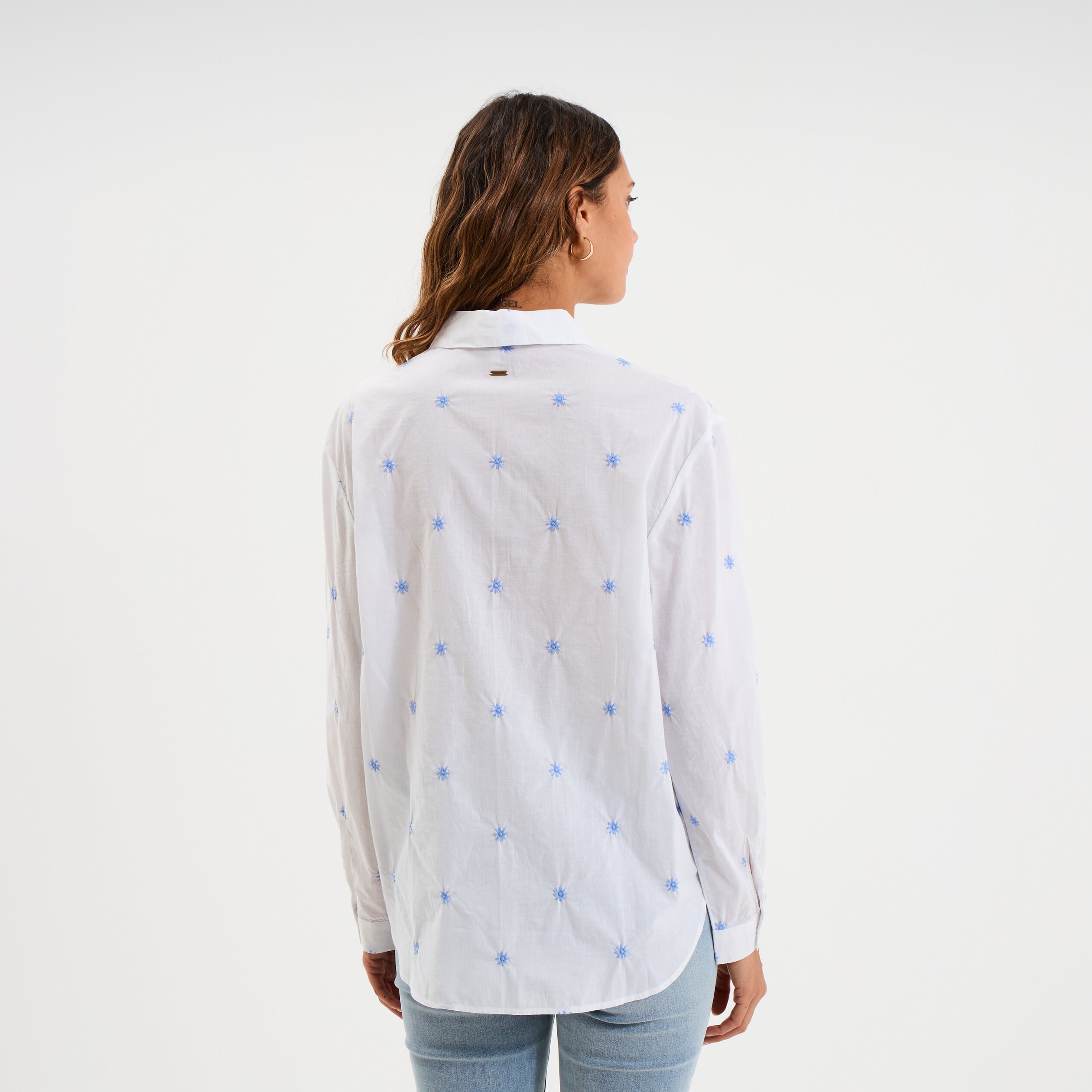 Chemise droite brod&eacute;e coton blanc femme