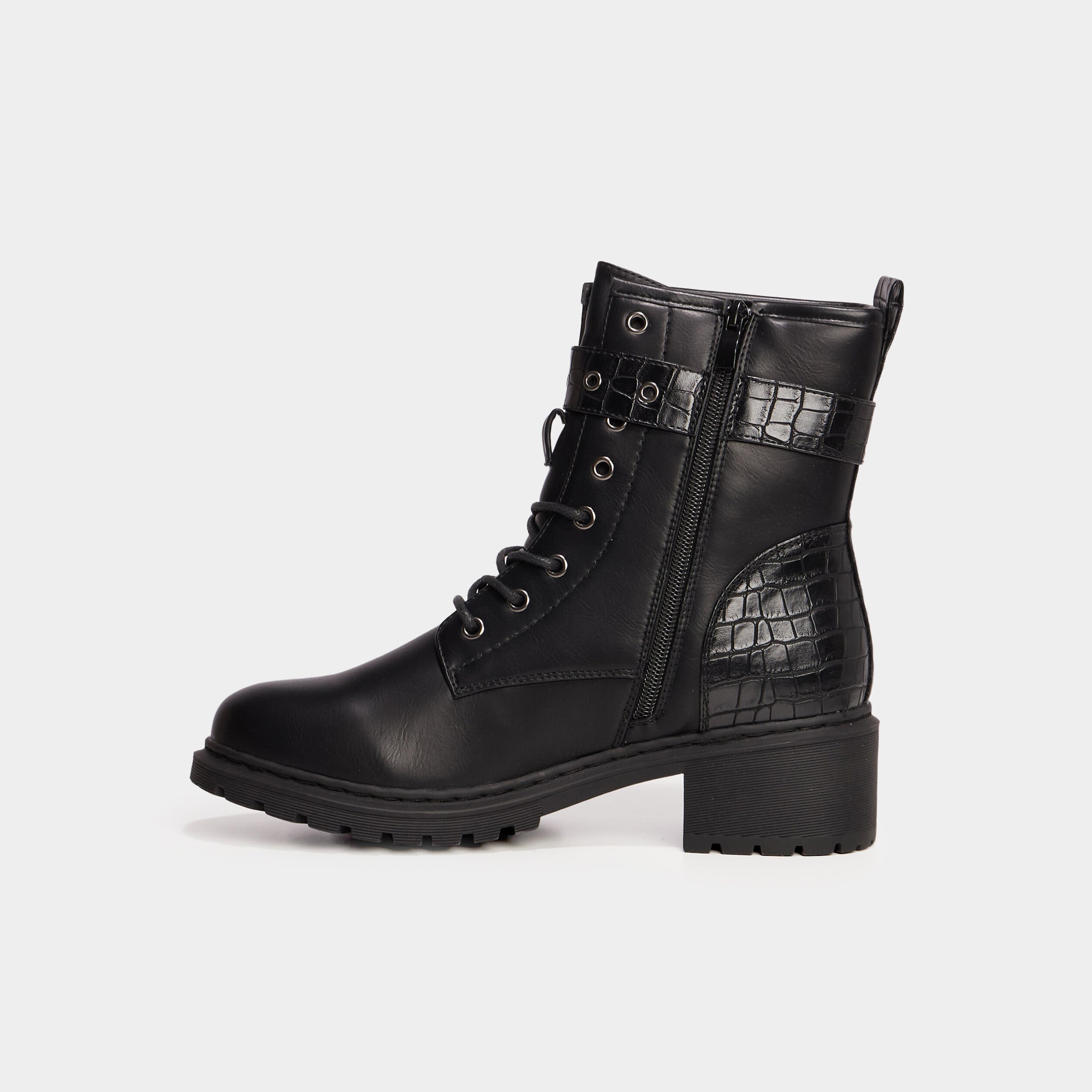 Bottines croco crant&eacute;es avec boucles noir femme