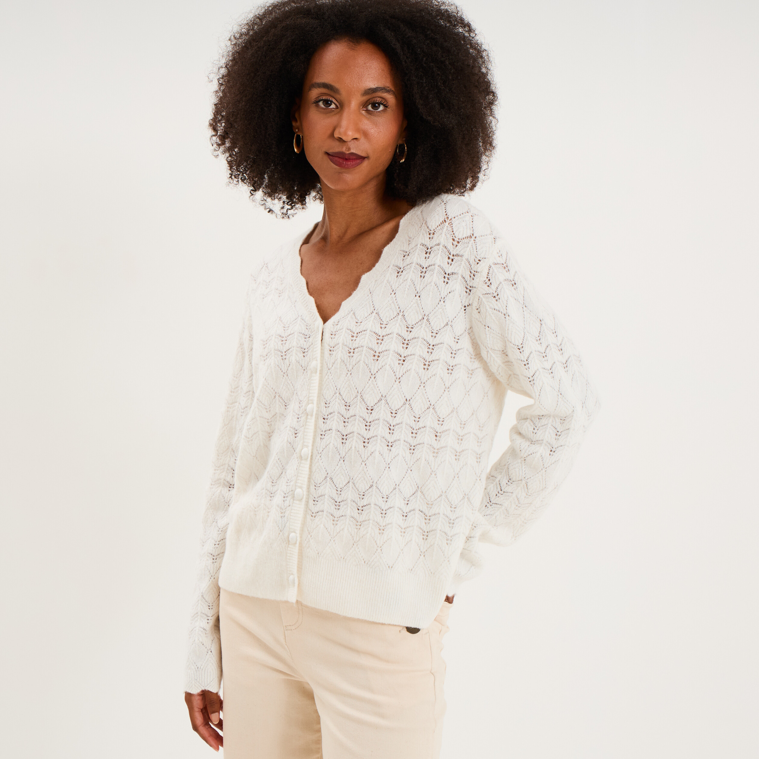 Gilet col V maille ajour&eacute;e boutonn&eacute; blanc femme