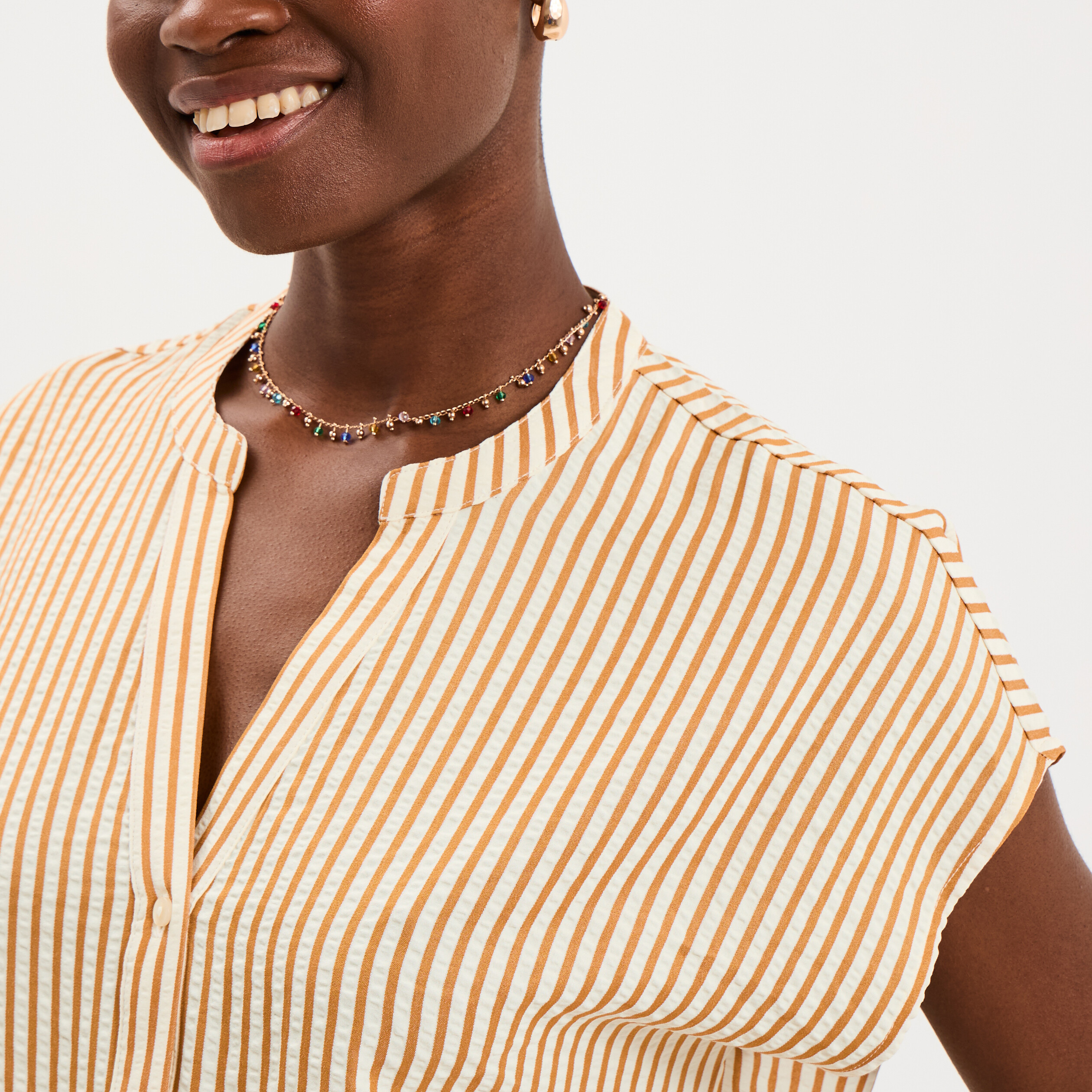 Blouse gaufr&eacute;e col tunisien marron cognac femme