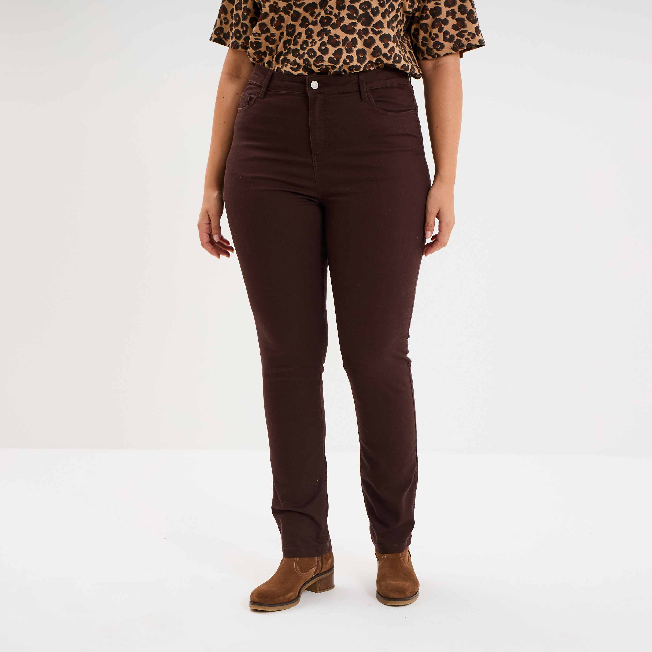 Pantalon droit taille haute extensible marron fonc&eacute; femme grande taille
