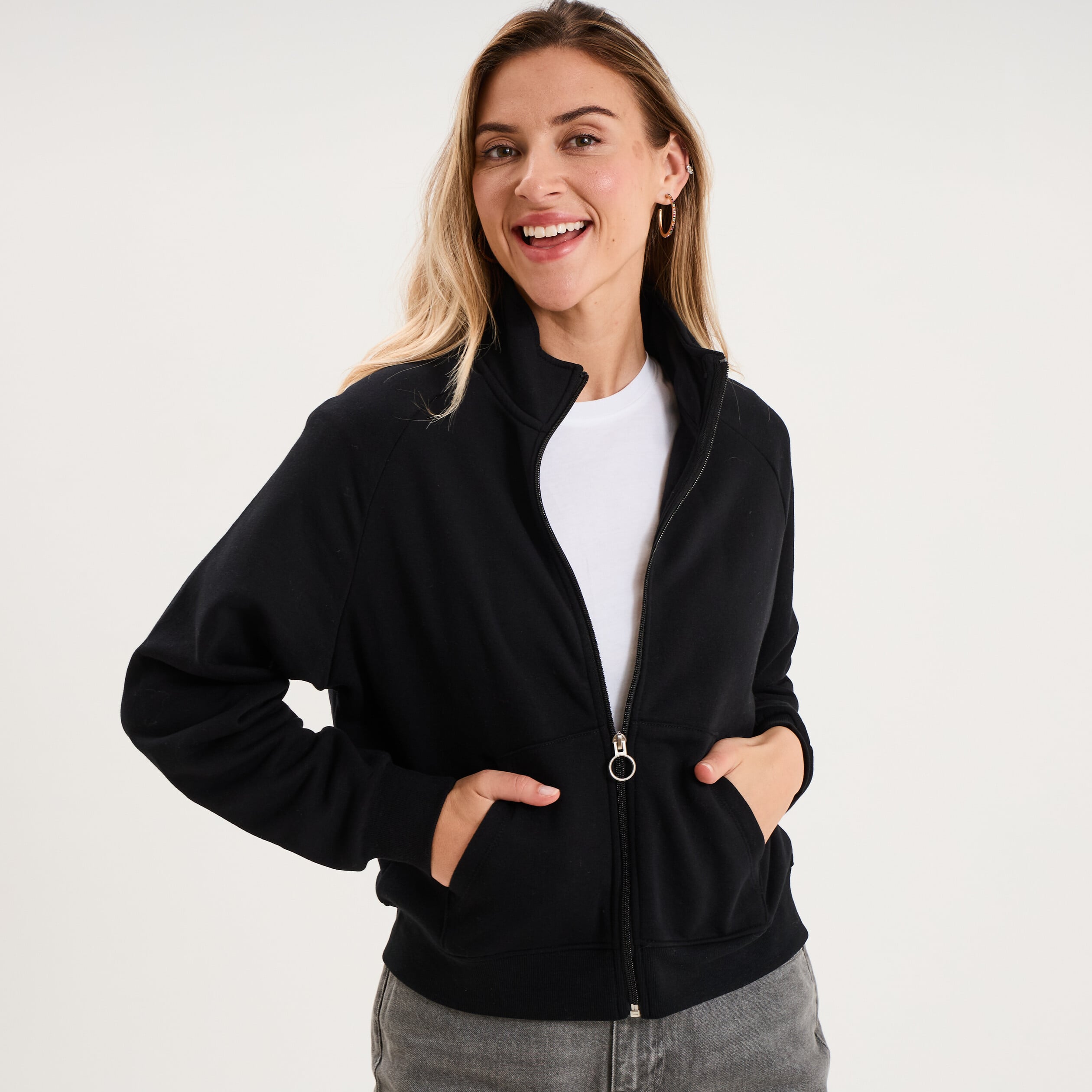 Sweat zipp&eacute; molleton col montant noir femme