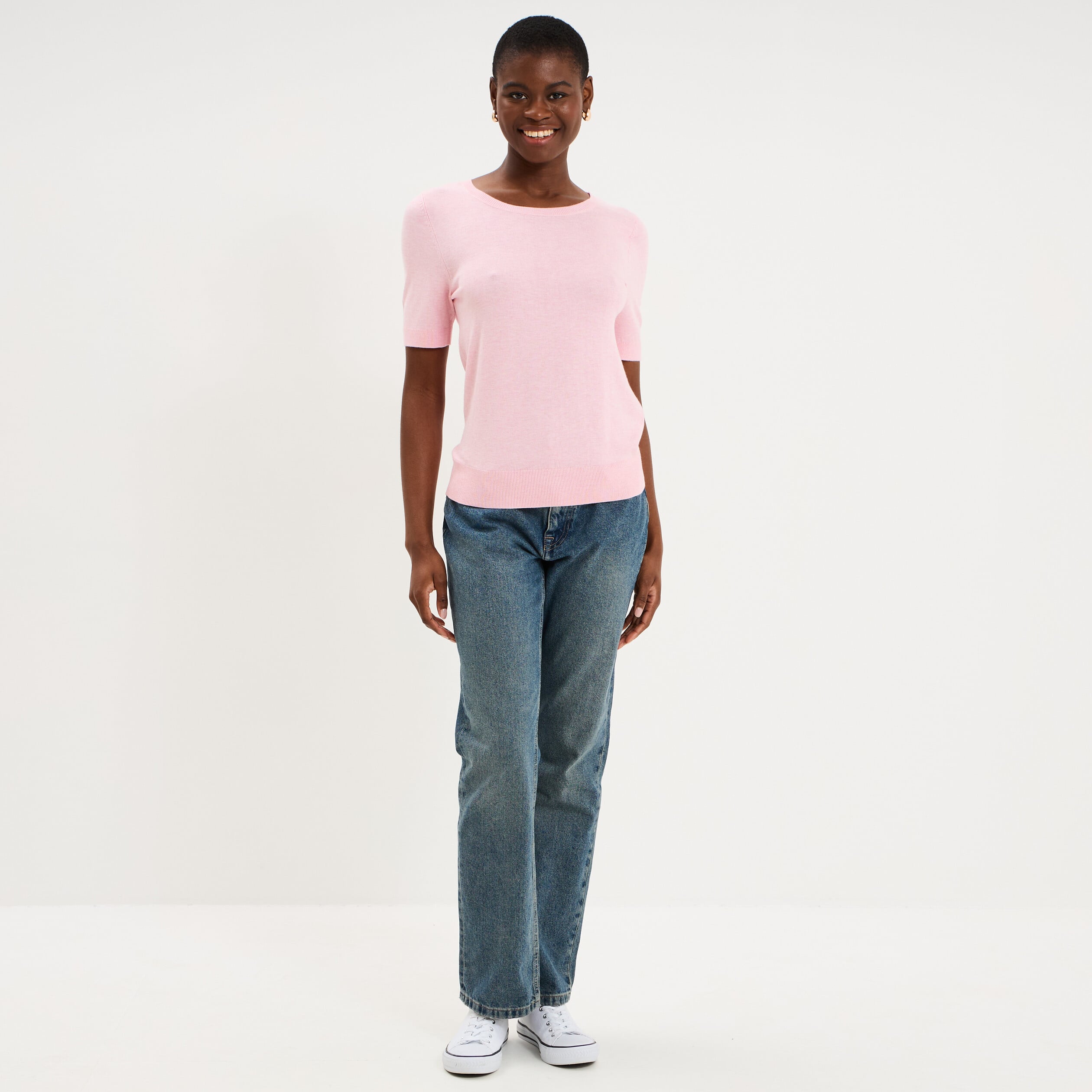 Pull manches courtes col rond rose clair femme