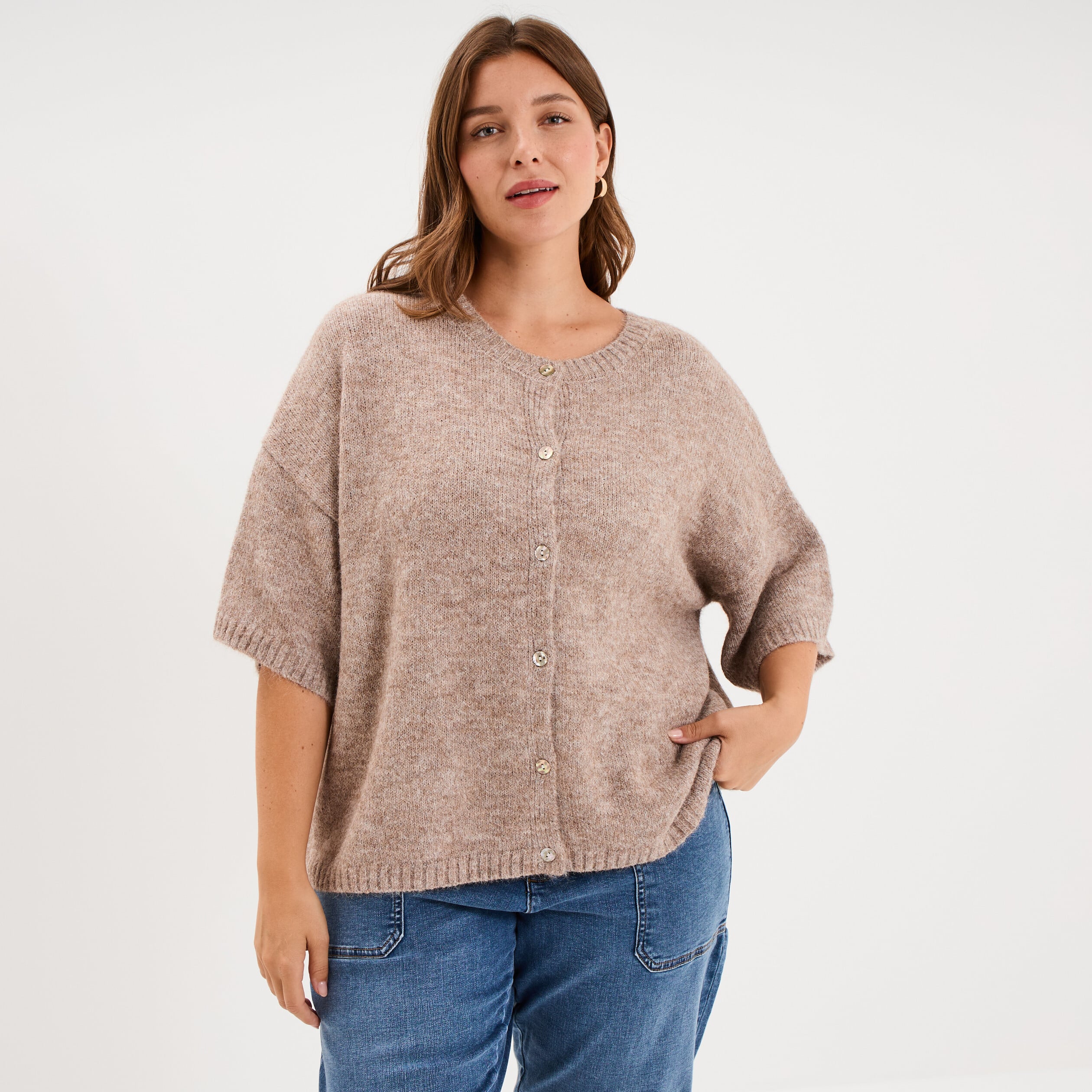 Gilet manches courtes col rond beige femme grande taille