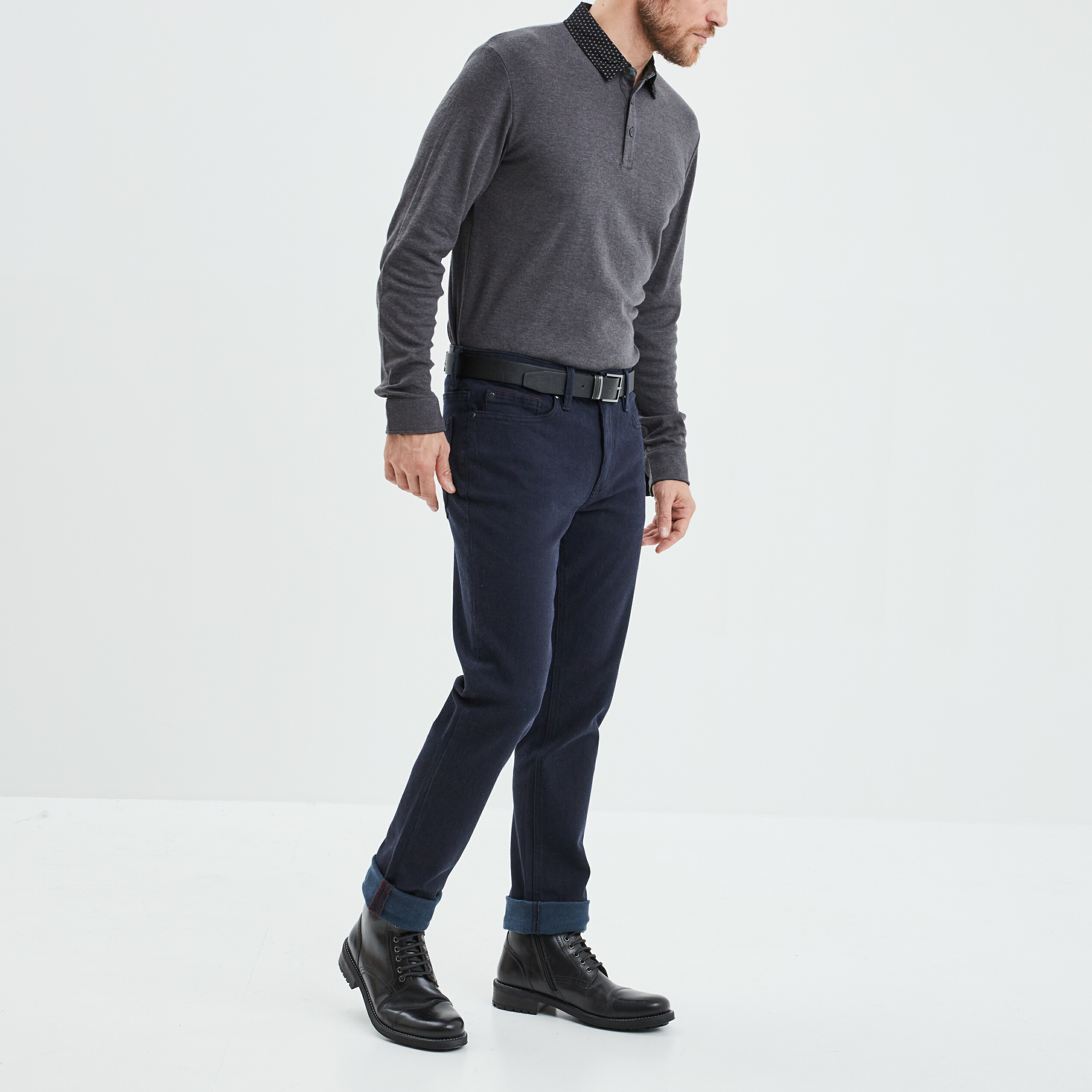 Polo manches longues col boutonné coton gris homme