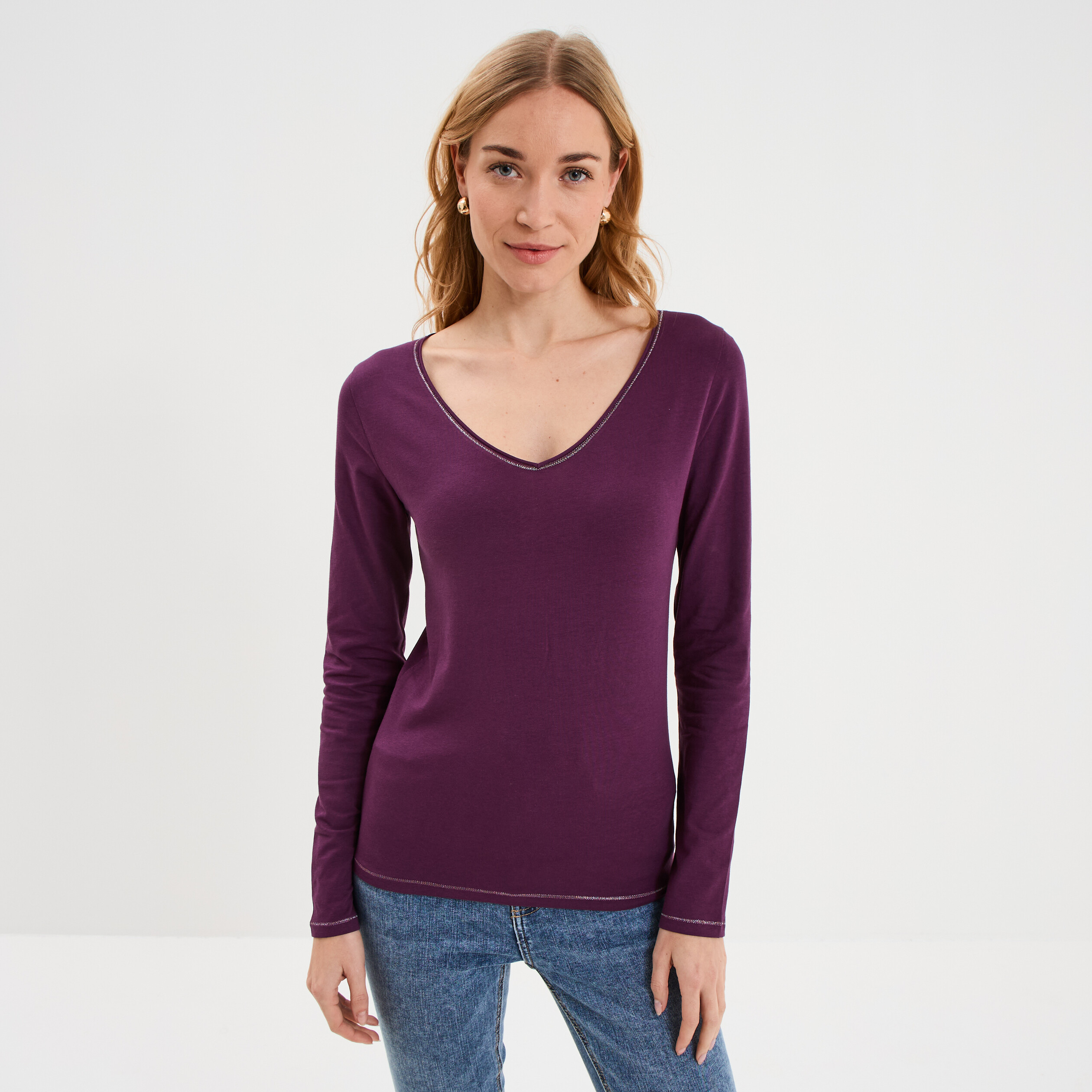 Sweat-Shirt Femme à Manches Longues Col En V Patchwork Tricolore Doux Et Confortable - Haut Décontracté Facile à Assortir Pour Automne Et Hiver 3XL