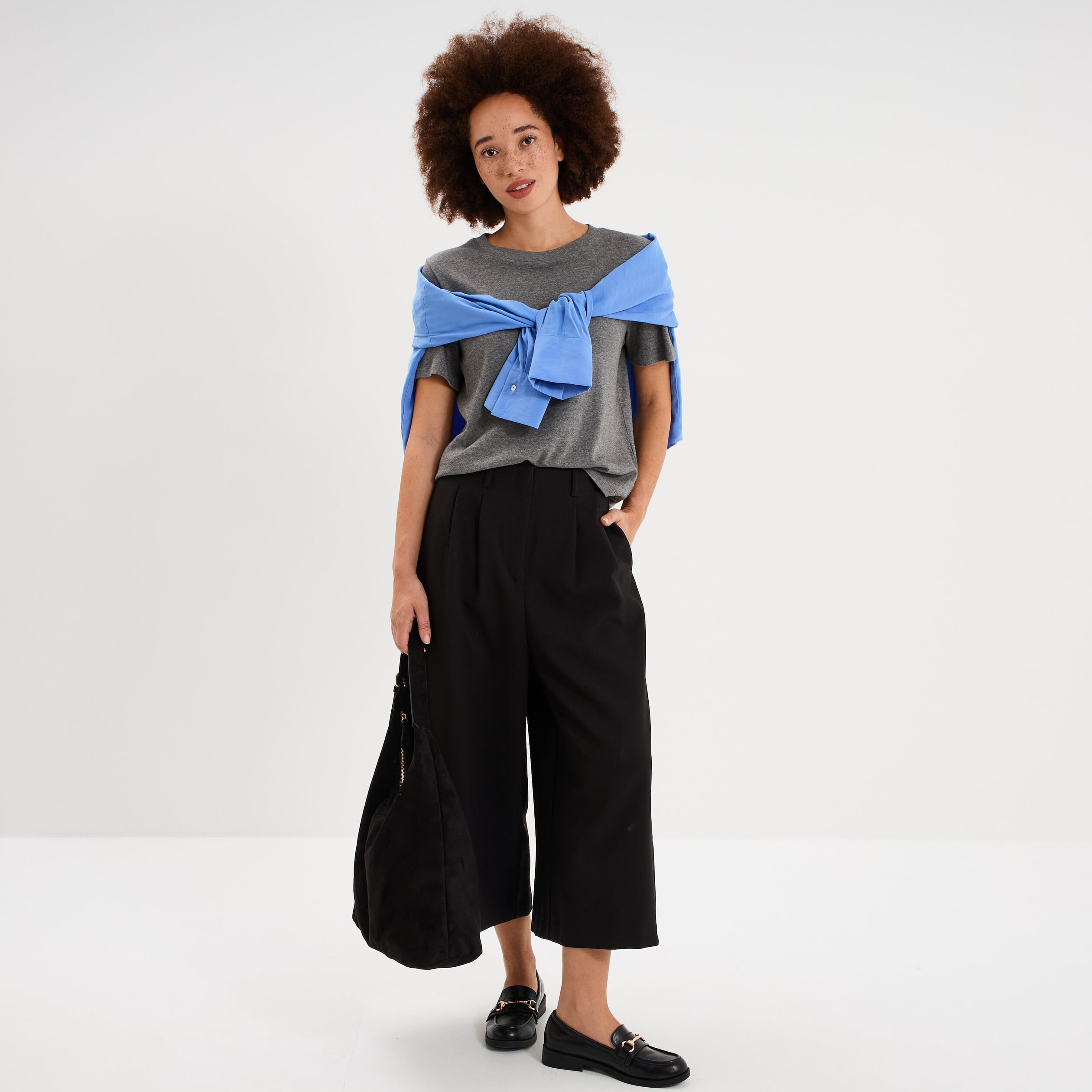 Pantalon culotte large taille haute noir femme