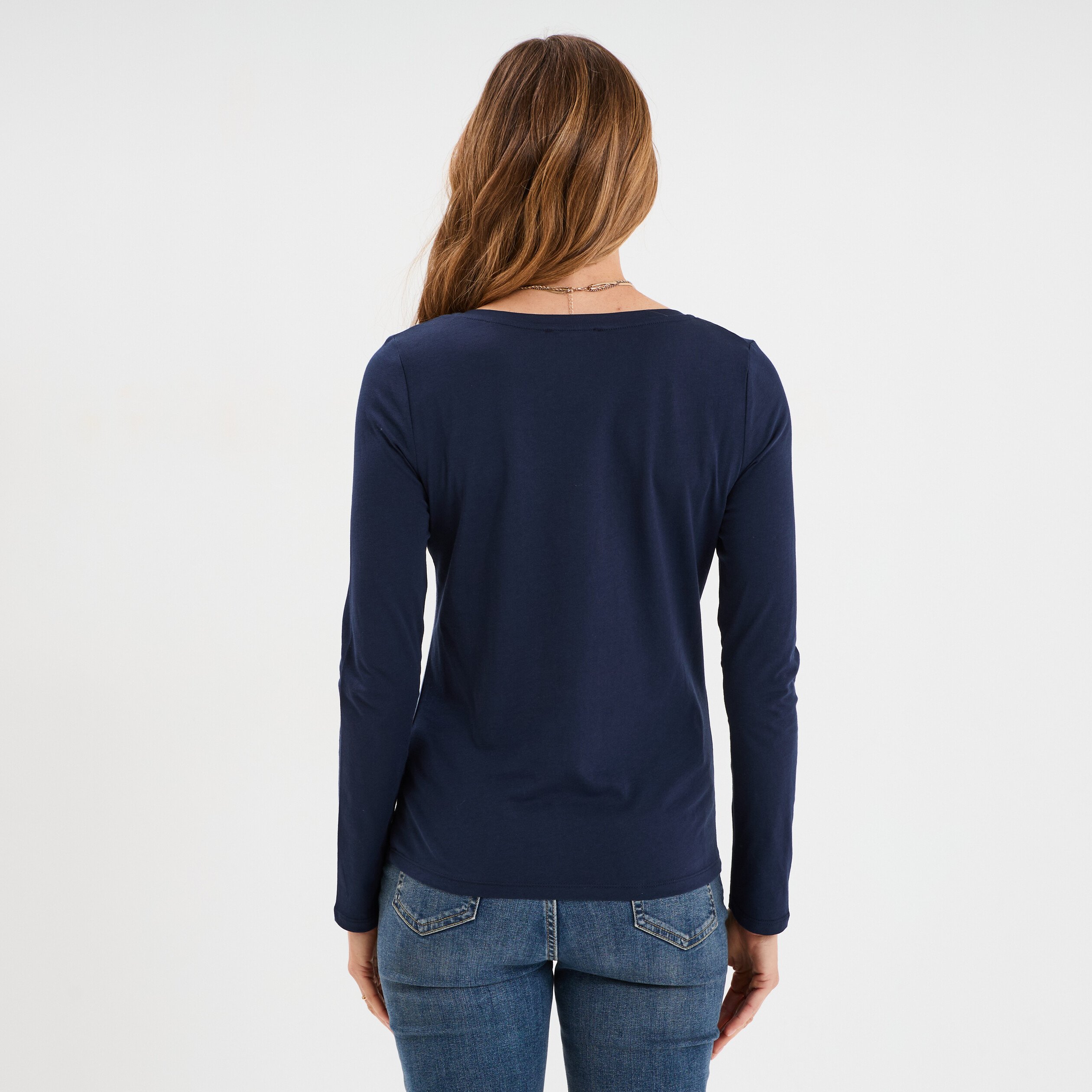 t shirt col en v manches longues coton bleu marine femme T-shirt col en V manches longues coton bleu marine femme