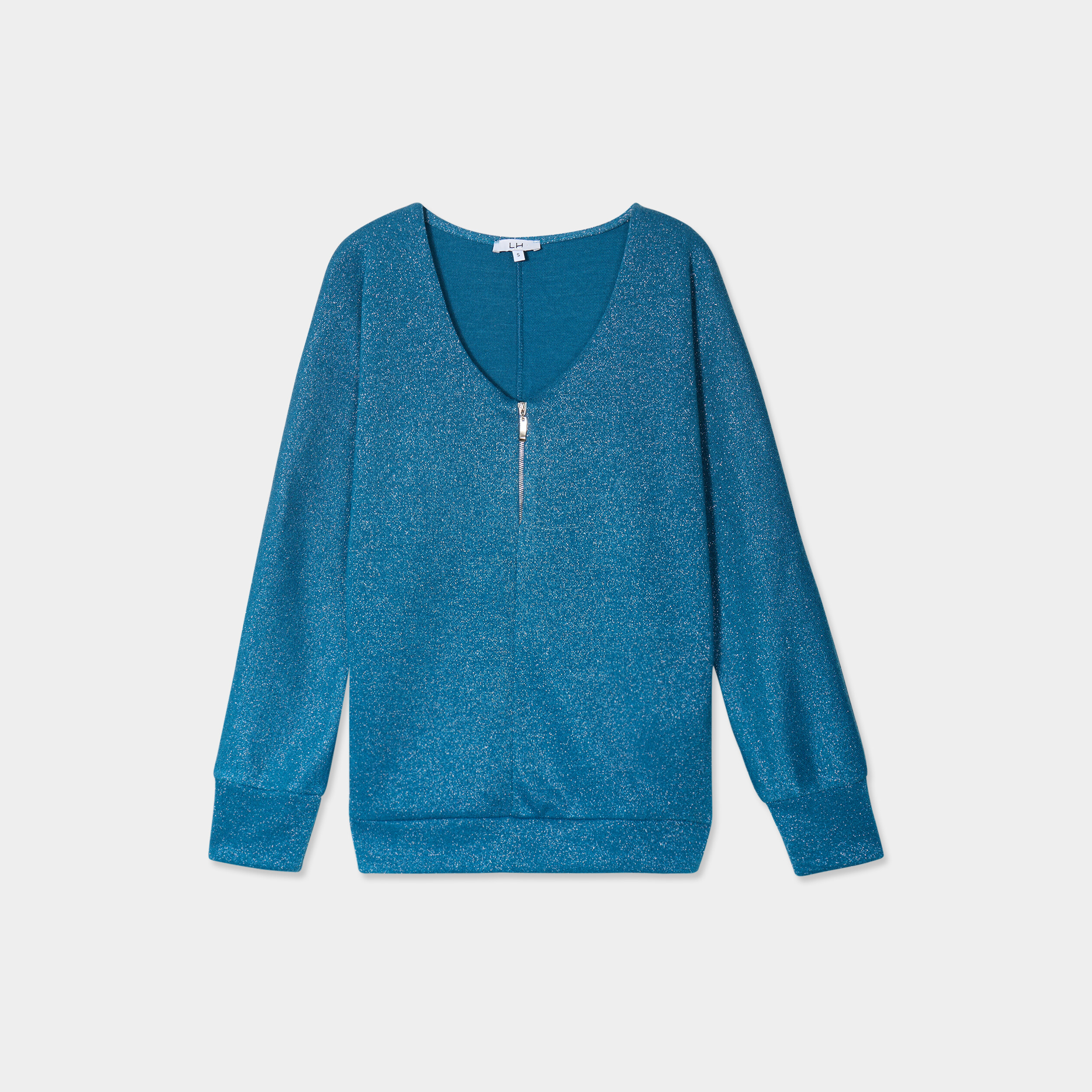 pull chauve souris col en v detail zippe bleu petrole femme Pull chauve-souris col en V détail zippé bleu pétrole femme