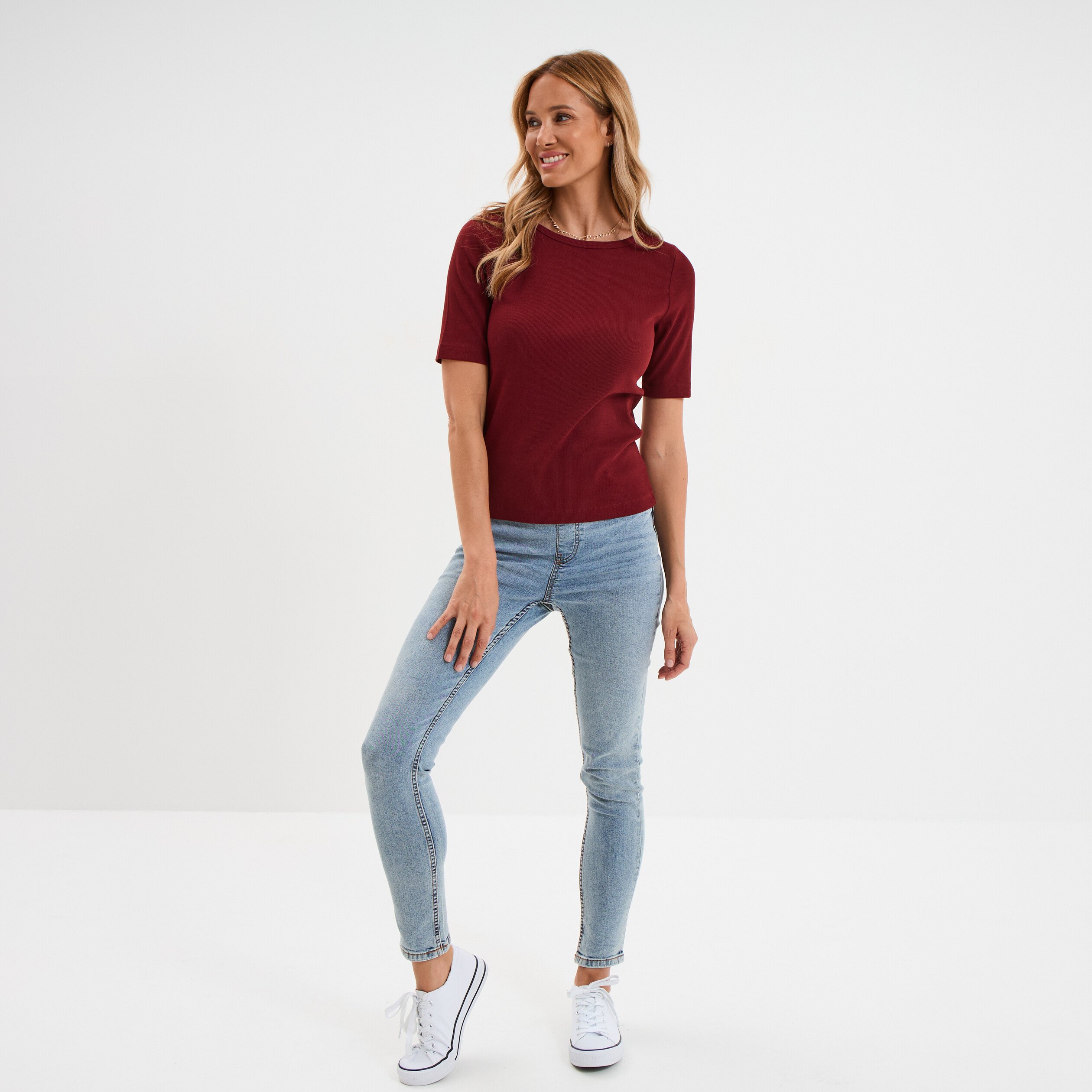 t shirt col rond manches courtes coton bordeaux femme T-shirt col rond manches courtes coton bordeaux femme