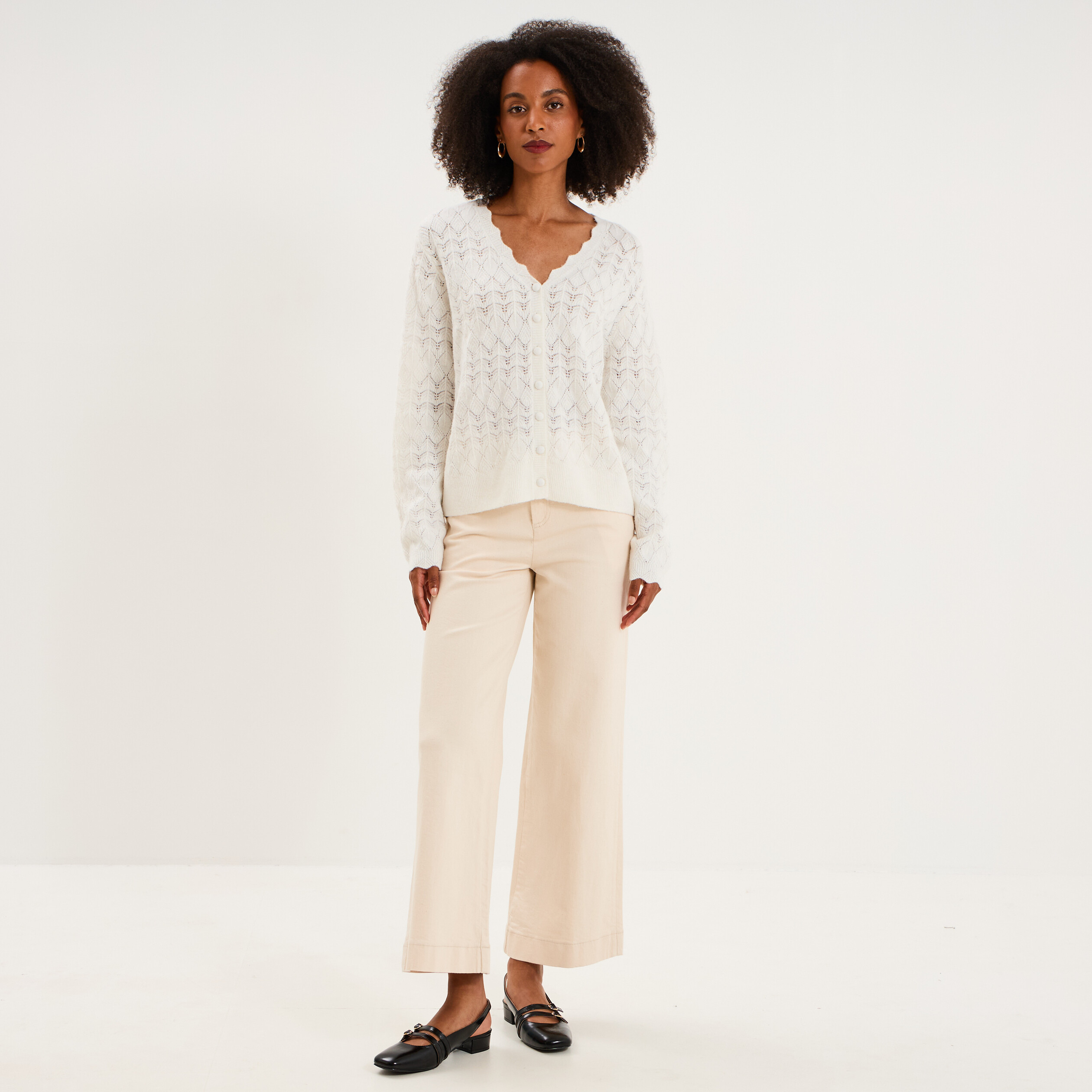 Gilet col V maille ajour&eacute;e boutonn&eacute; blanc femme