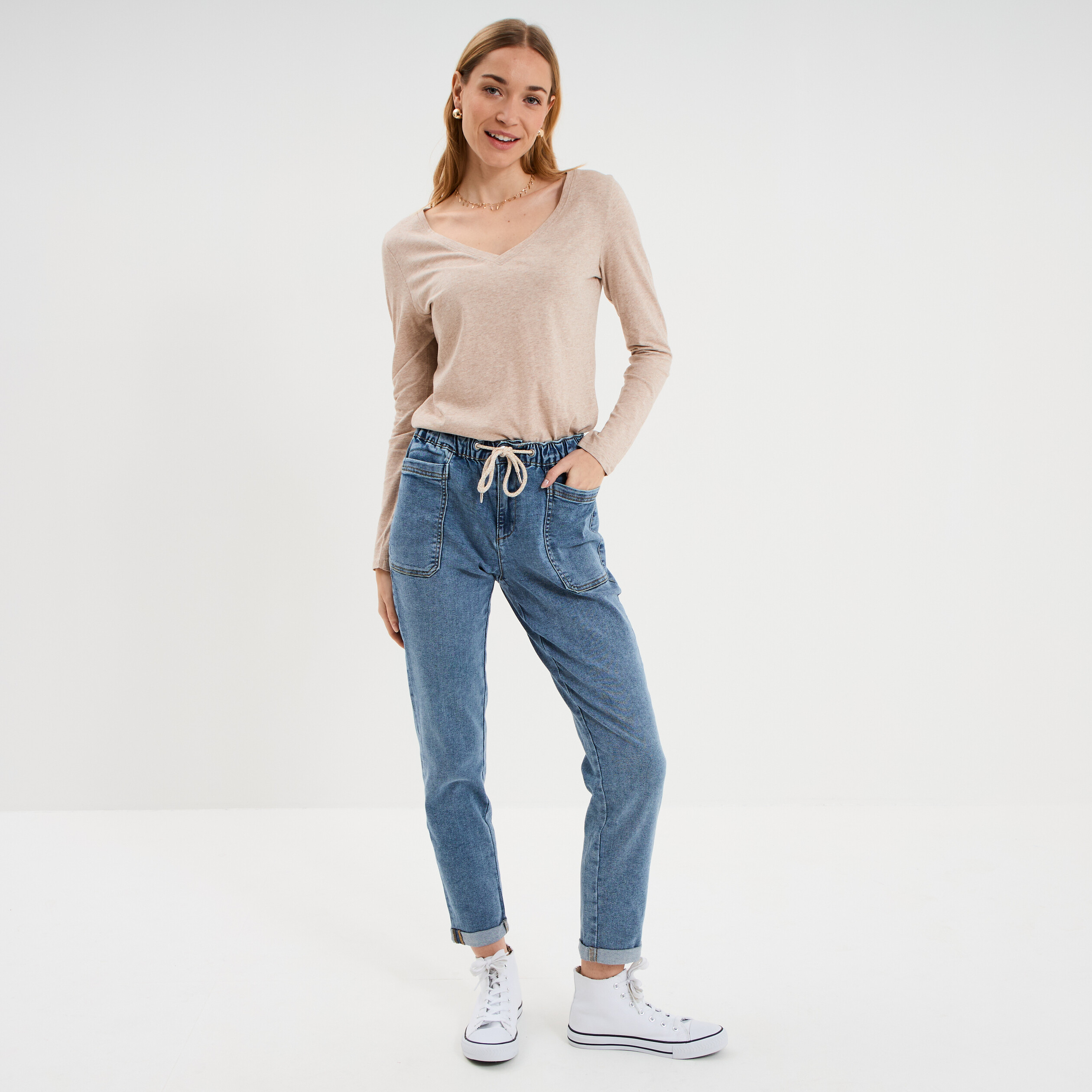 T-shirt col en V manches longues coton beige femme