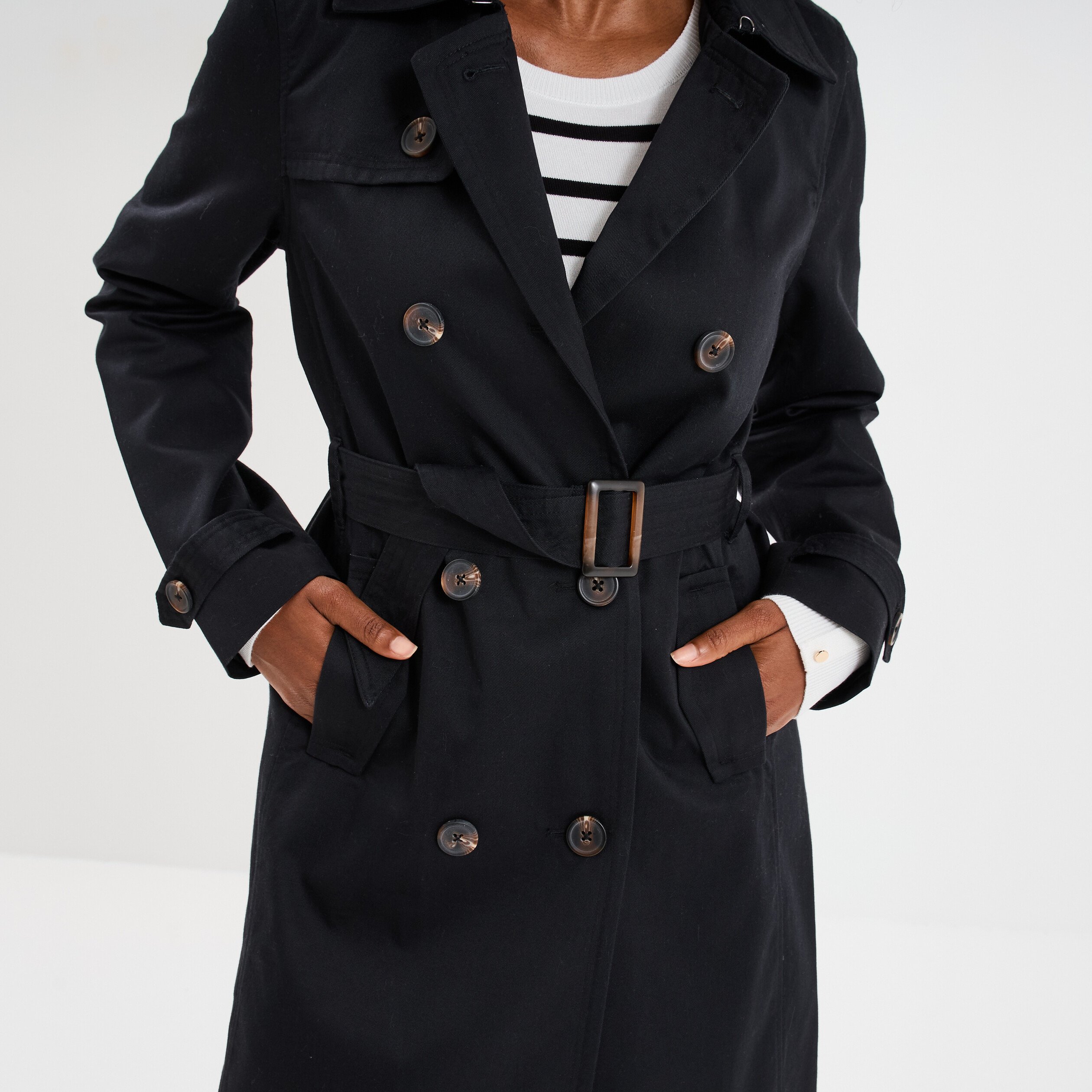 trench mi long ceinture noir femme Trench mi-long ceinturé noir femme
