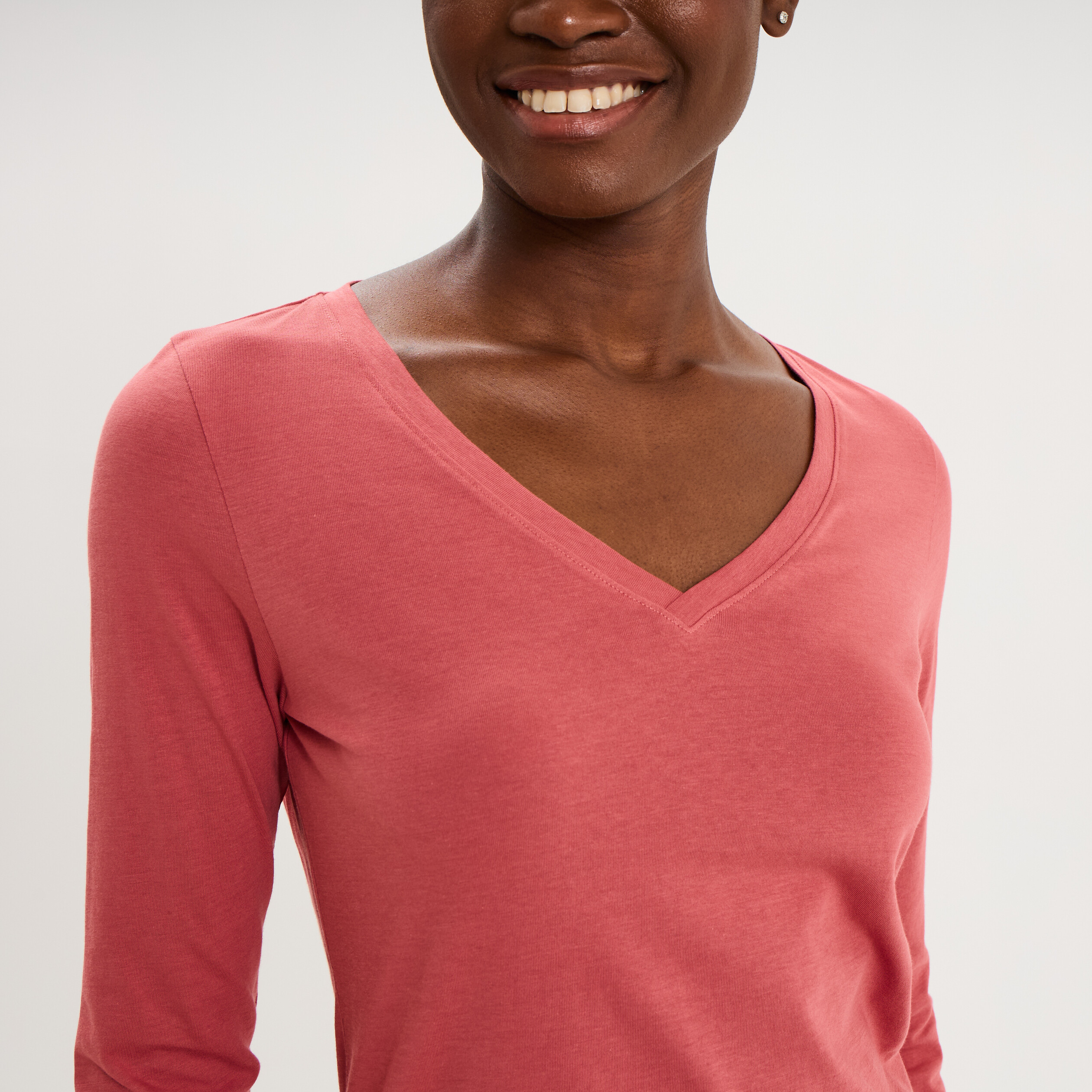 T-shirt col en V manches longues coton vieux rose femme