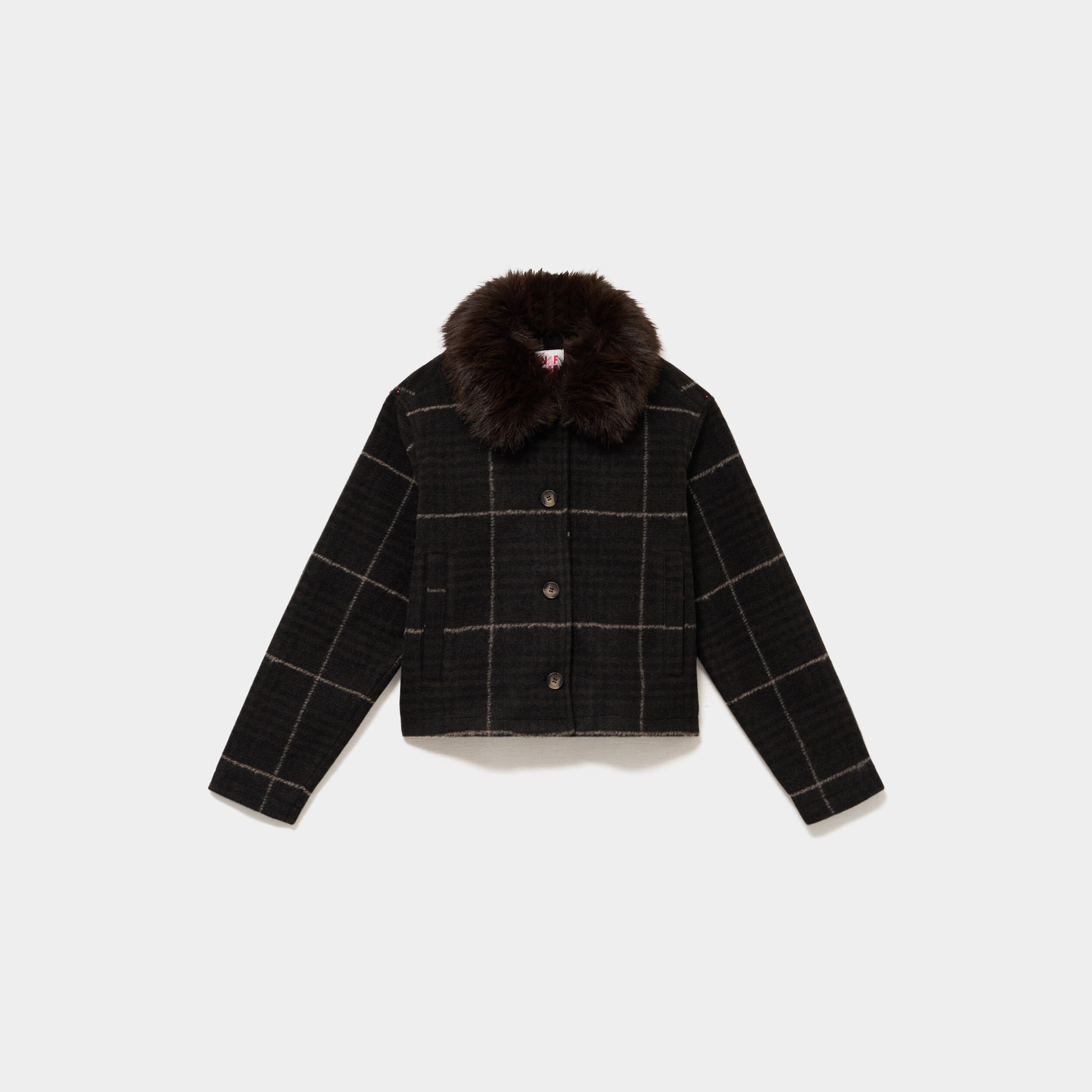Veste courte col fausse fourrure marron fonc&eacute; femme
