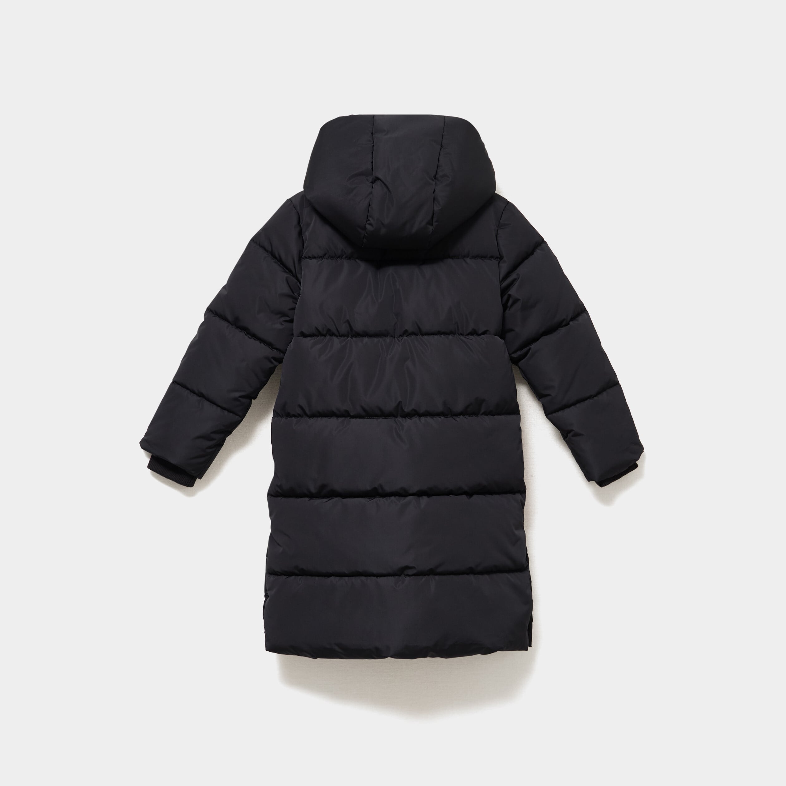 Doudoune longue d&eacute;perlante &agrave; capuche noir fille