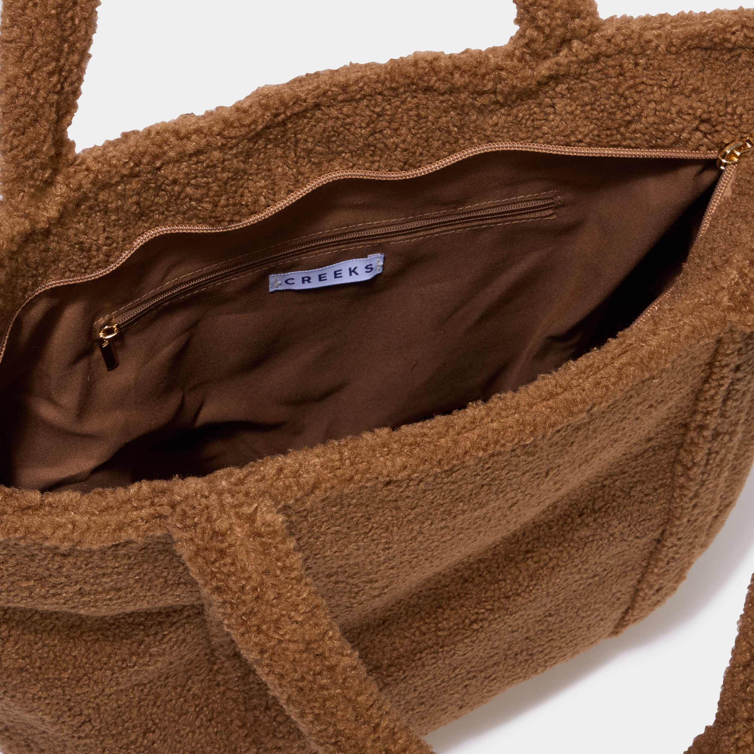 Sac shopper effet polaire camel femme